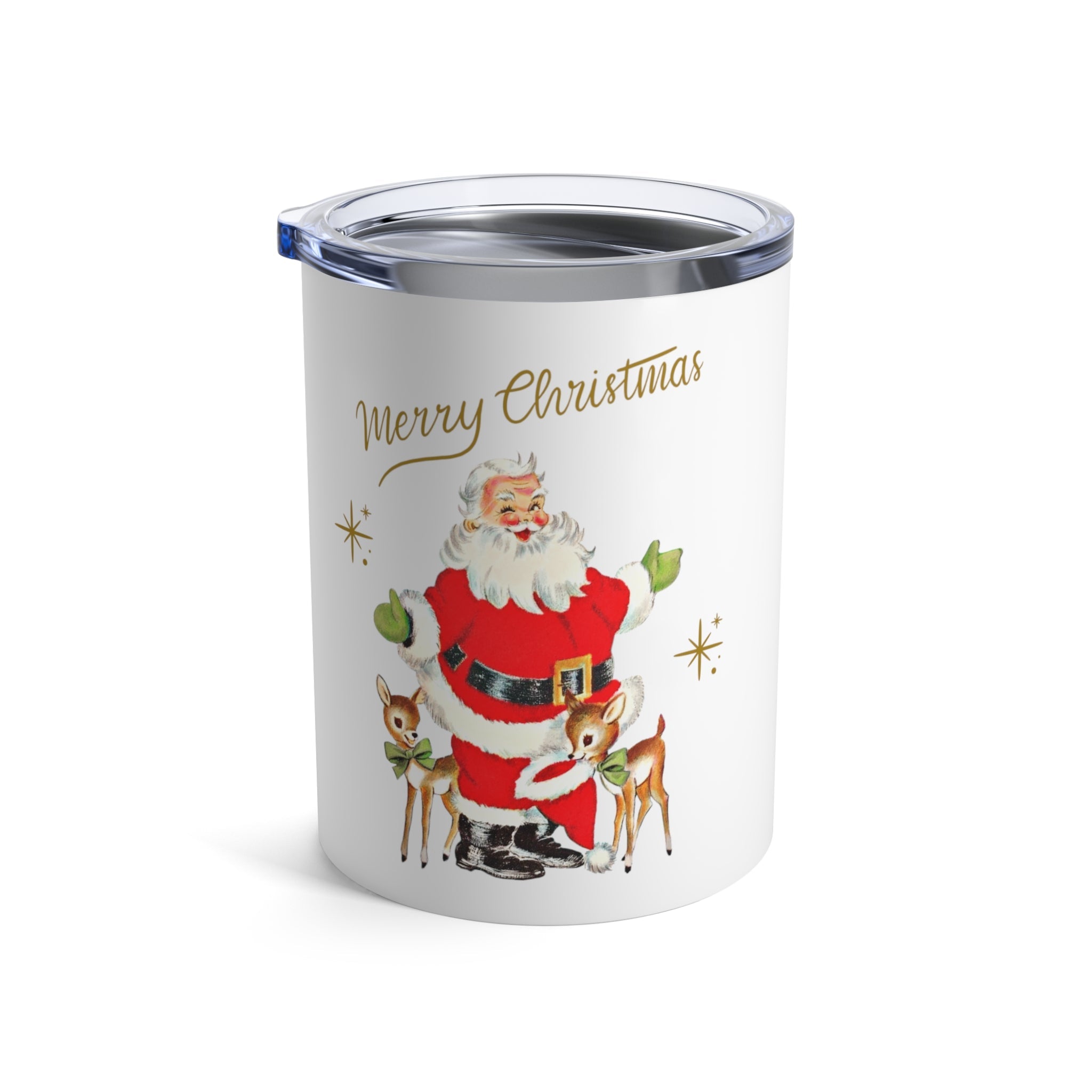 Merry Christmas Santa Reindeer Gold Stars Retro Christmas Print Stainless Steel Tumbler 10oz