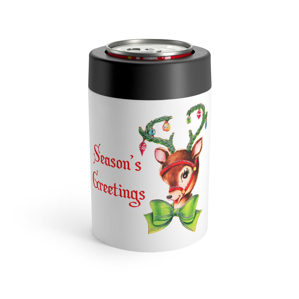 Season's Greetings Reindeer Ornaments Mid Century Retro Christmas Print Stainless Steel Can Holder