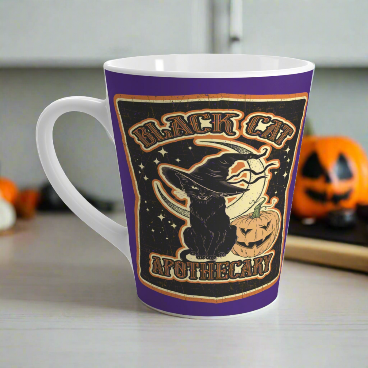 Black Cat Apothecary Distressed Style Halloween Print Latte Mug