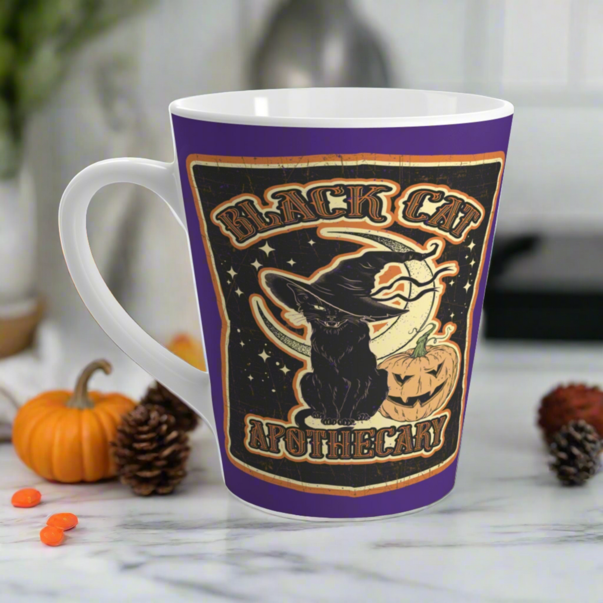 Black Cat Apothecary Distressed Style Halloween Print Latte Mug