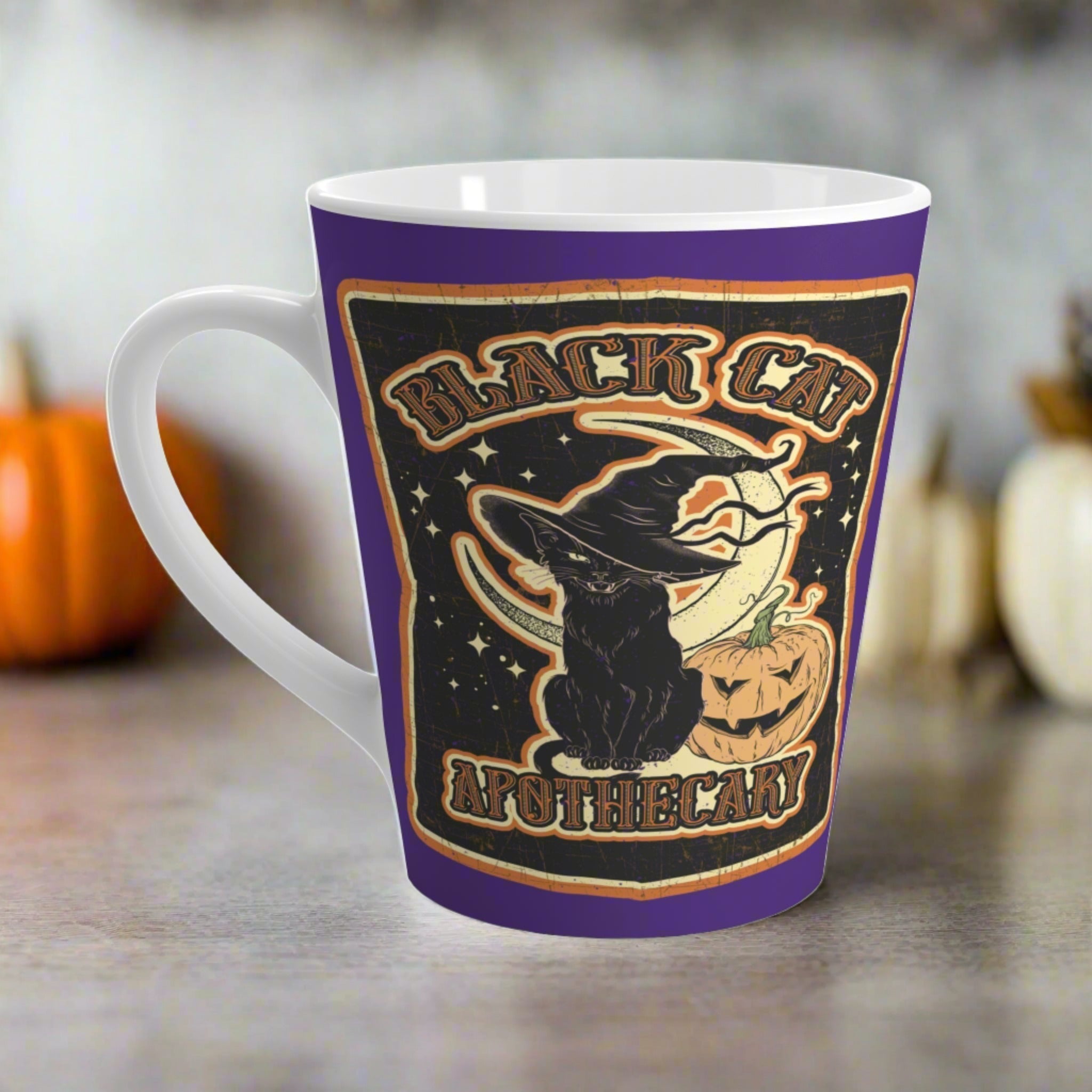 Black Cat Apothecary Distressed Style Halloween Print Latte Mug
