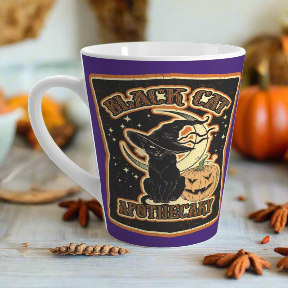 Black Cat Apothecary Distressed Style Halloween Print Latte Mug