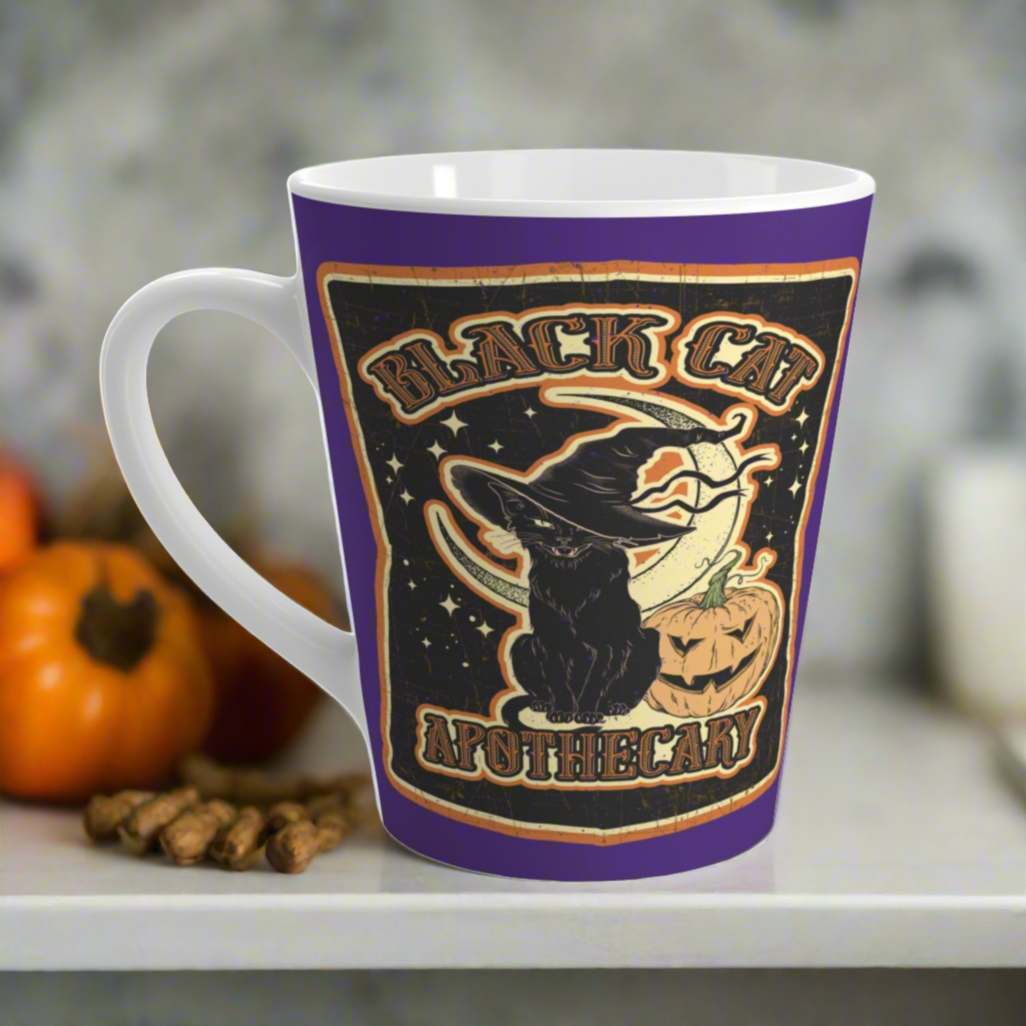 Black Cat Apothecary Distressed Style Halloween Print Latte Mug