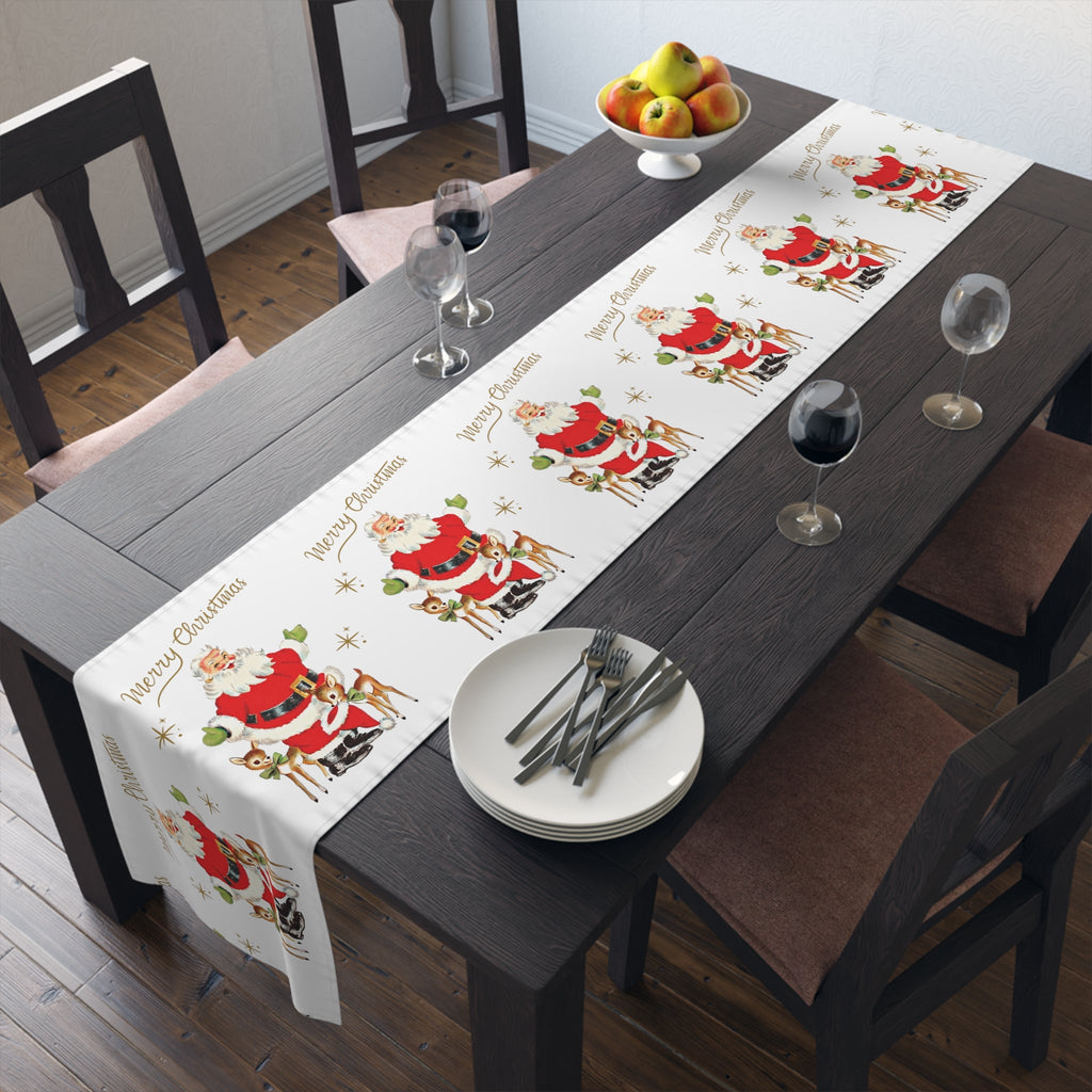 Merry Christmas Santa Reindeer Gold Stars Retro Christmas Table Runner