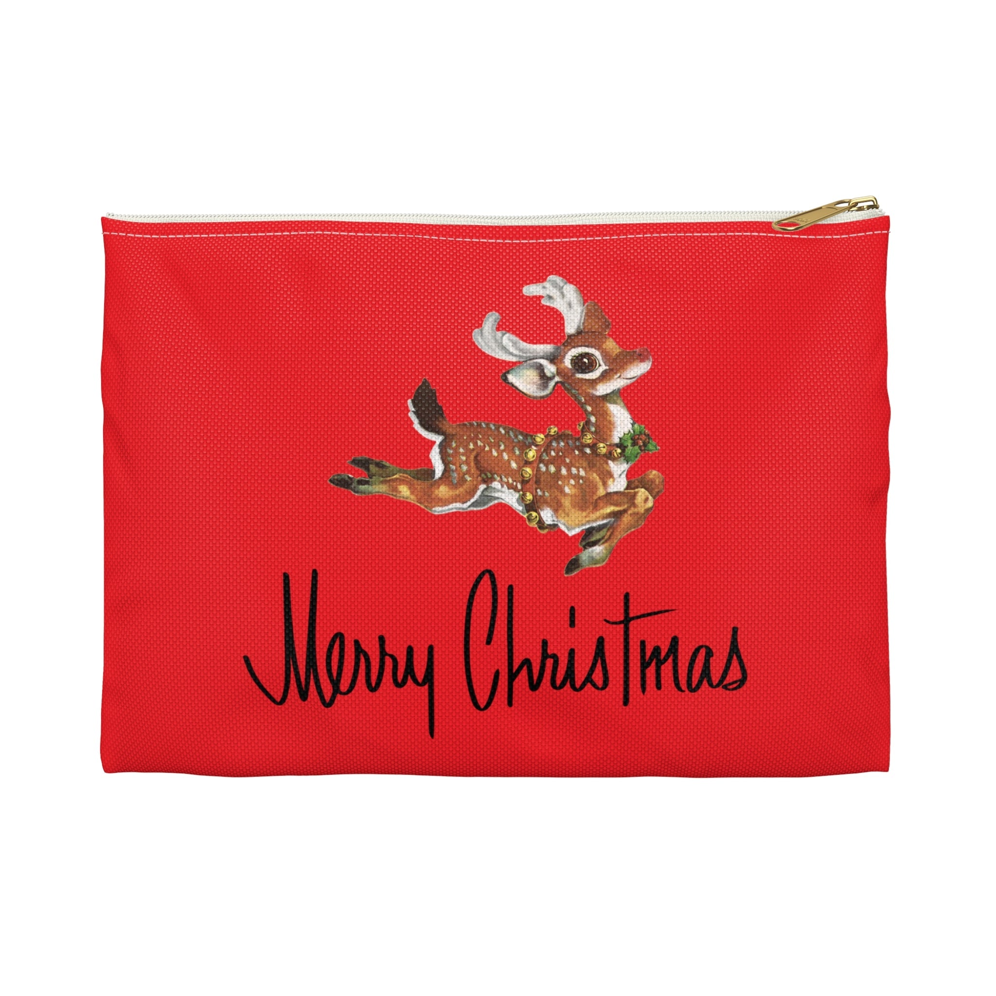 Merry Christmas Leaping Reindeer Red Mid Century Mid Century Retro Christmas Print Polyester Accessory Travel Pouch