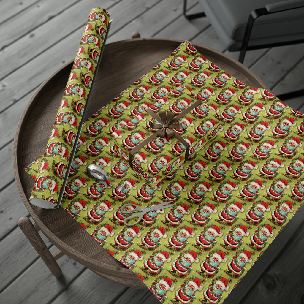 Cute Dancing Santa With Garland Mod Mid Century Retro Christmas Print Holiday Gift Wrap Paper - Glossy Or Matte