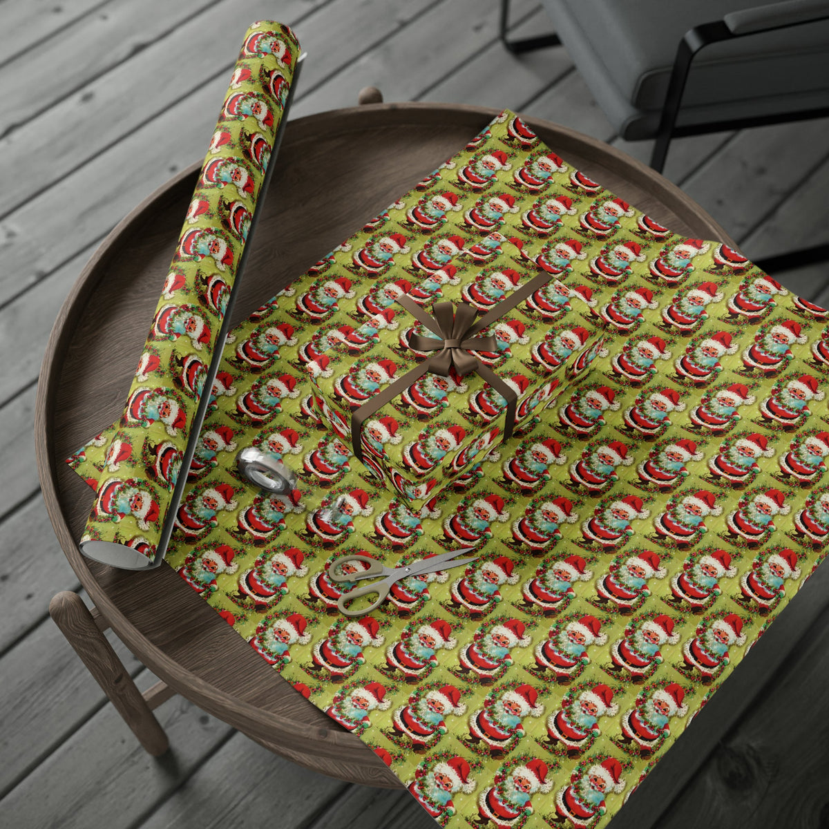 Cute Dancing Santa With Garland Mod Mid Century Retro Christmas Print Holiday Gift Wrap Paper - Glossy Or Matte