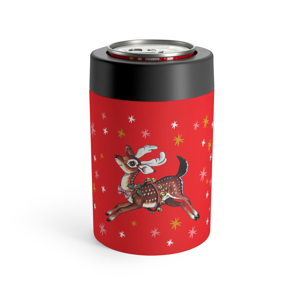 Reindeer Stars Mid Century Red Retro Christmas Print Stainless Steel Can Holder