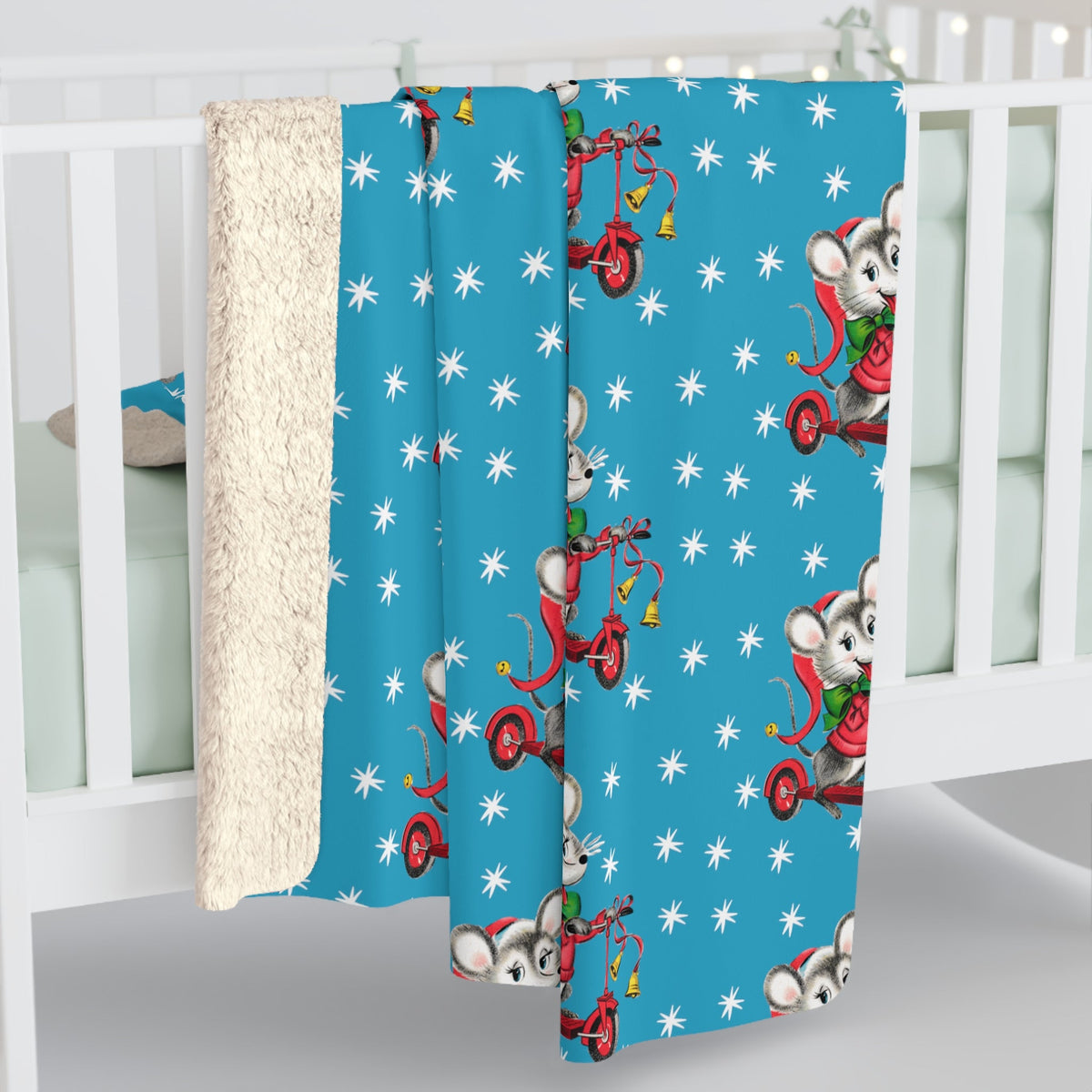 Christmas Mouse On Scooter Stars Blue Mid Century Retro Style Christmas Sherpa Fleece Blanket