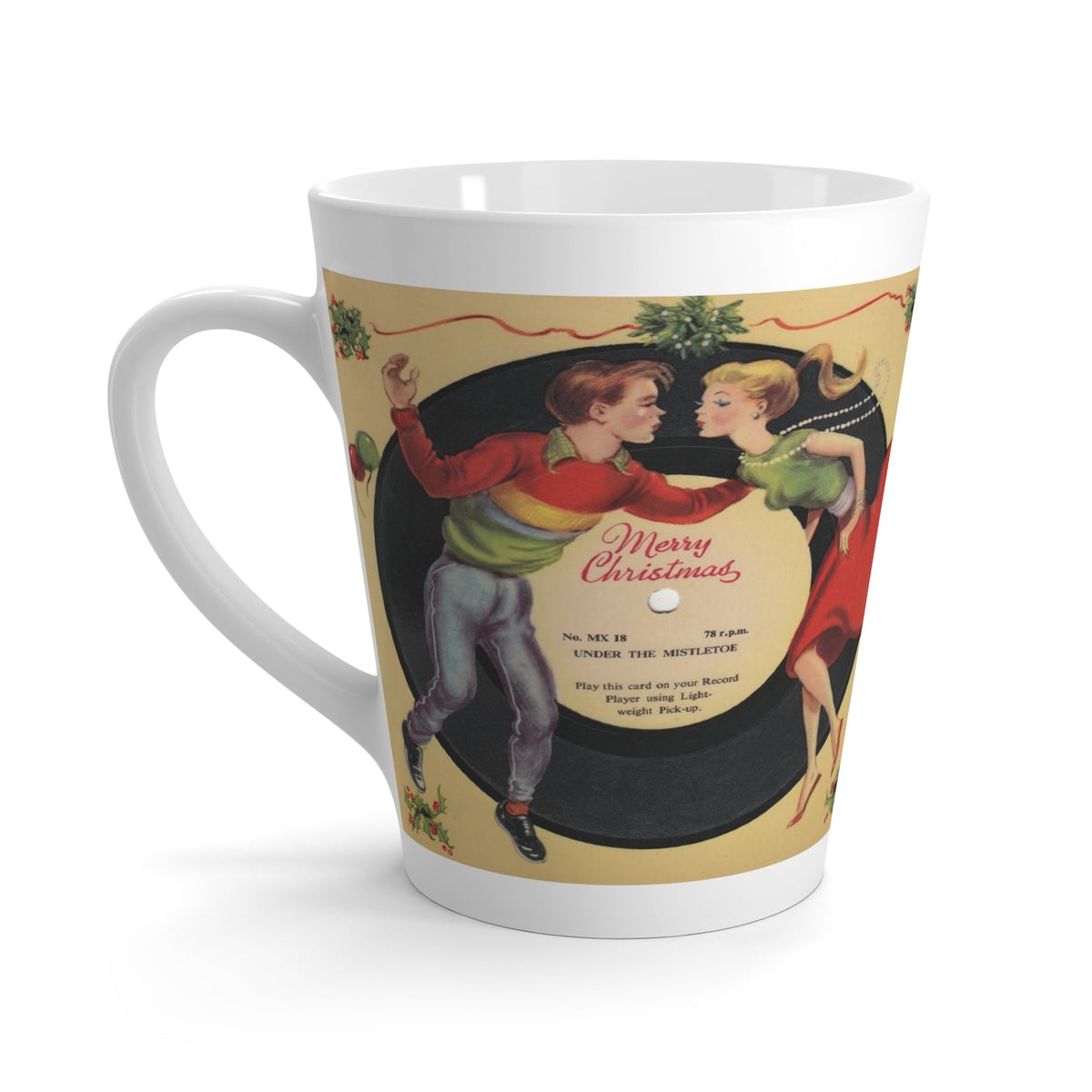 Under The Mistletoe Merry Christmas Couple Record Retro Print Latte Mug