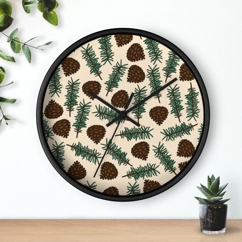 Pinecones With Sprigs Of Pine Christmas Winter Print Black Wall Clock