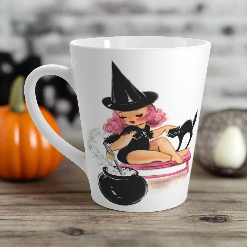 Pink Witch Black Cat Cauldron  Halloween Retro Print Latte Mug