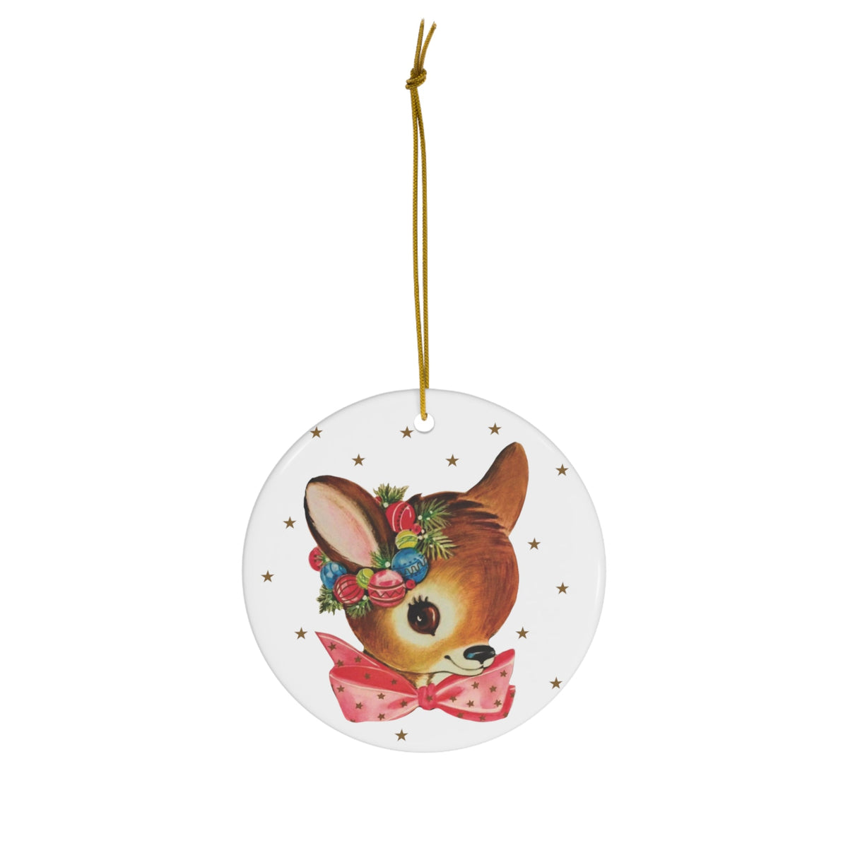 Reindeer Gold Stars Mid Century Retro Christmas Print Ceramic Ornament