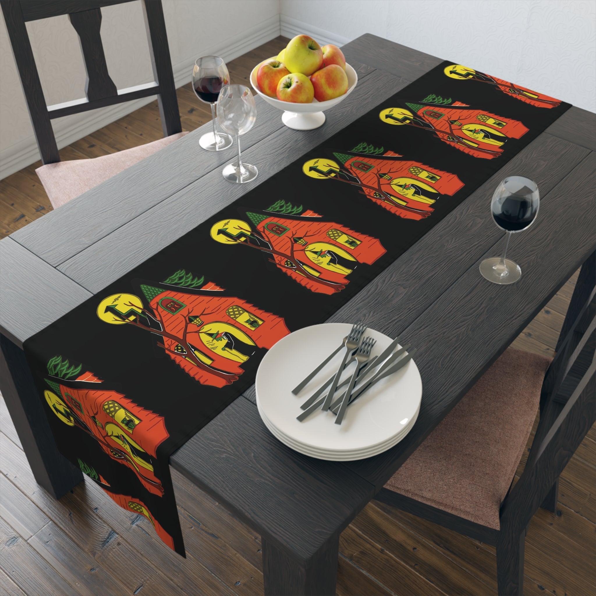 Halloween Table Runner: Green Witch Black Cat Orange House Retro Halloween Print Decor Cotton Poly Table Runner