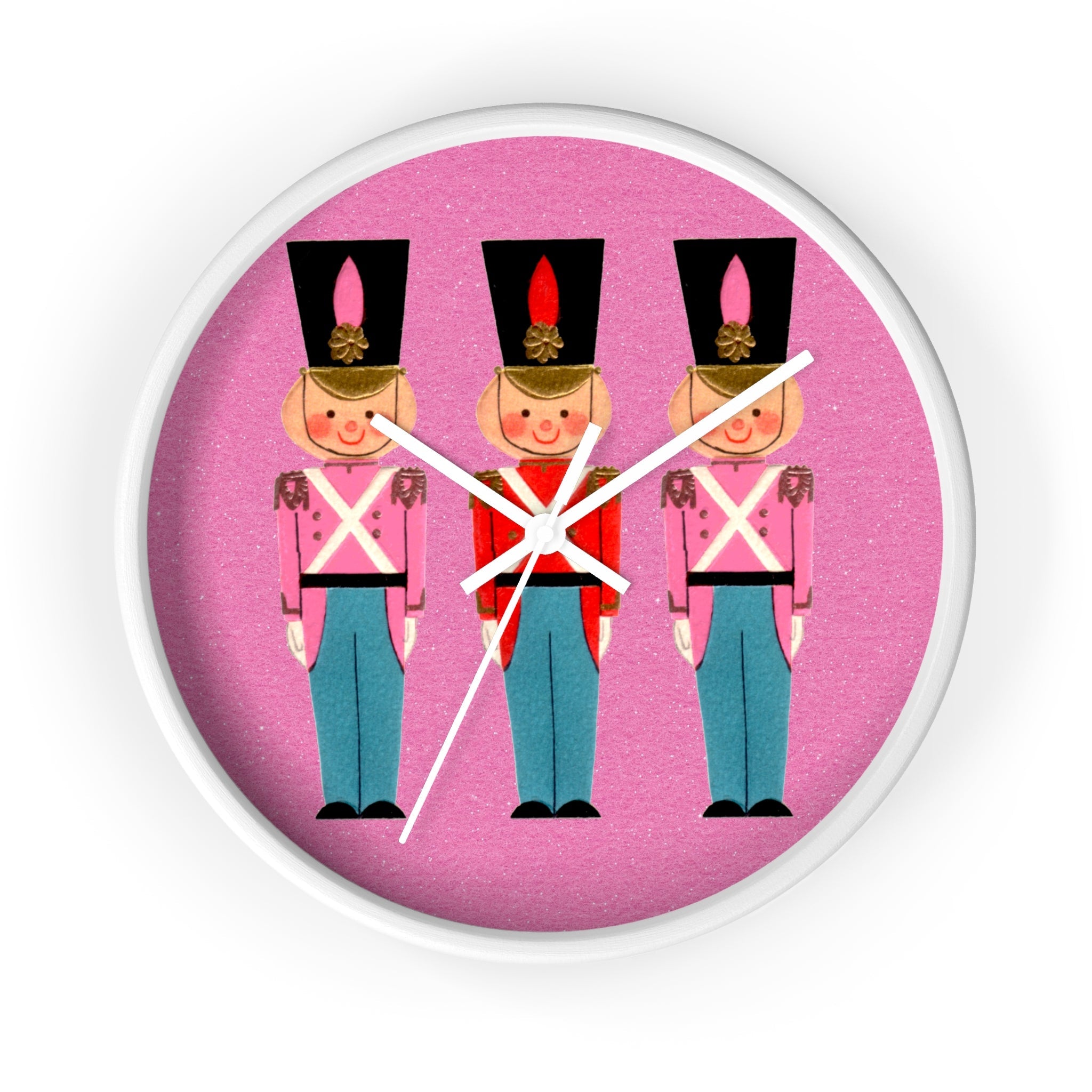 Christmas Toy Soldiers Pink Mid Century Retro Christmas Print White Christmas Wall Clock