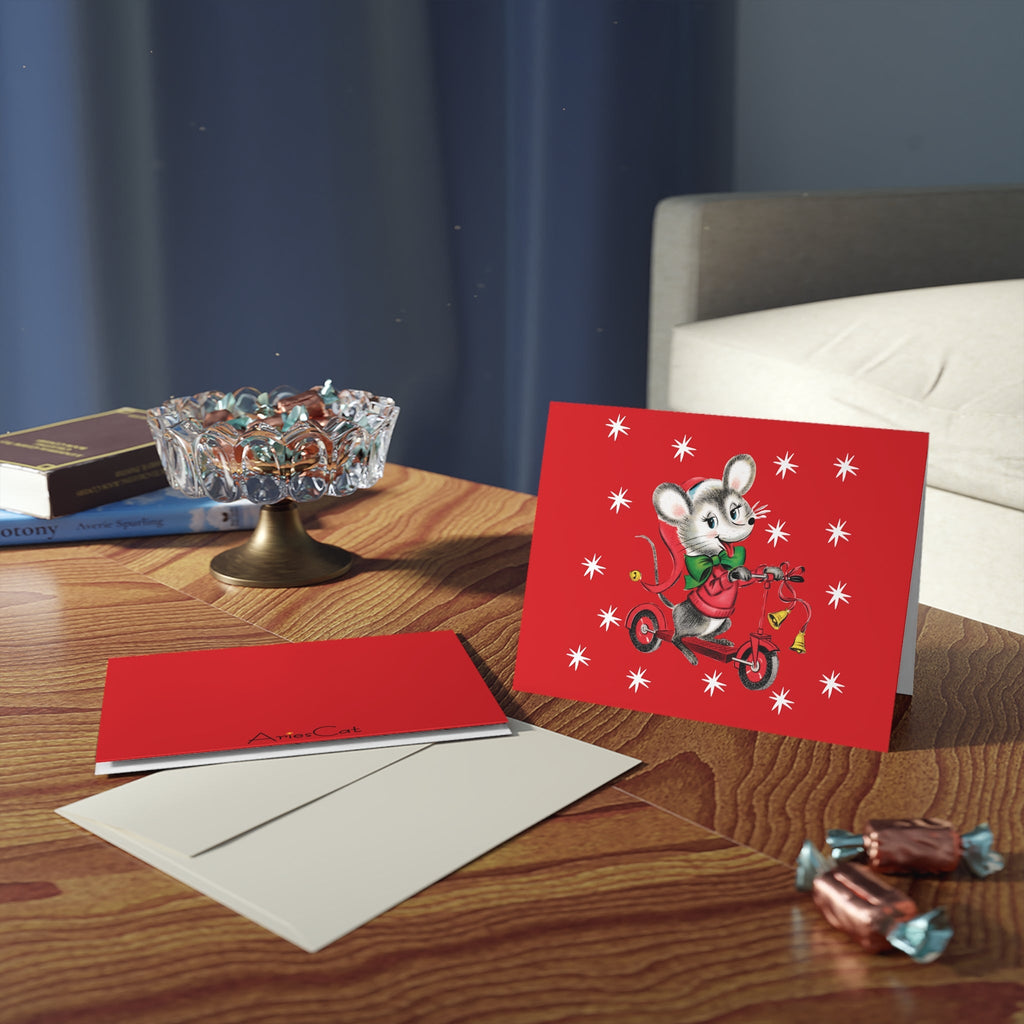 Christmas Mouse On Scooter Stars Mid Century Retro Christmas Print Red Matte Greeting Cards (8, 16, and 24 pcs)
