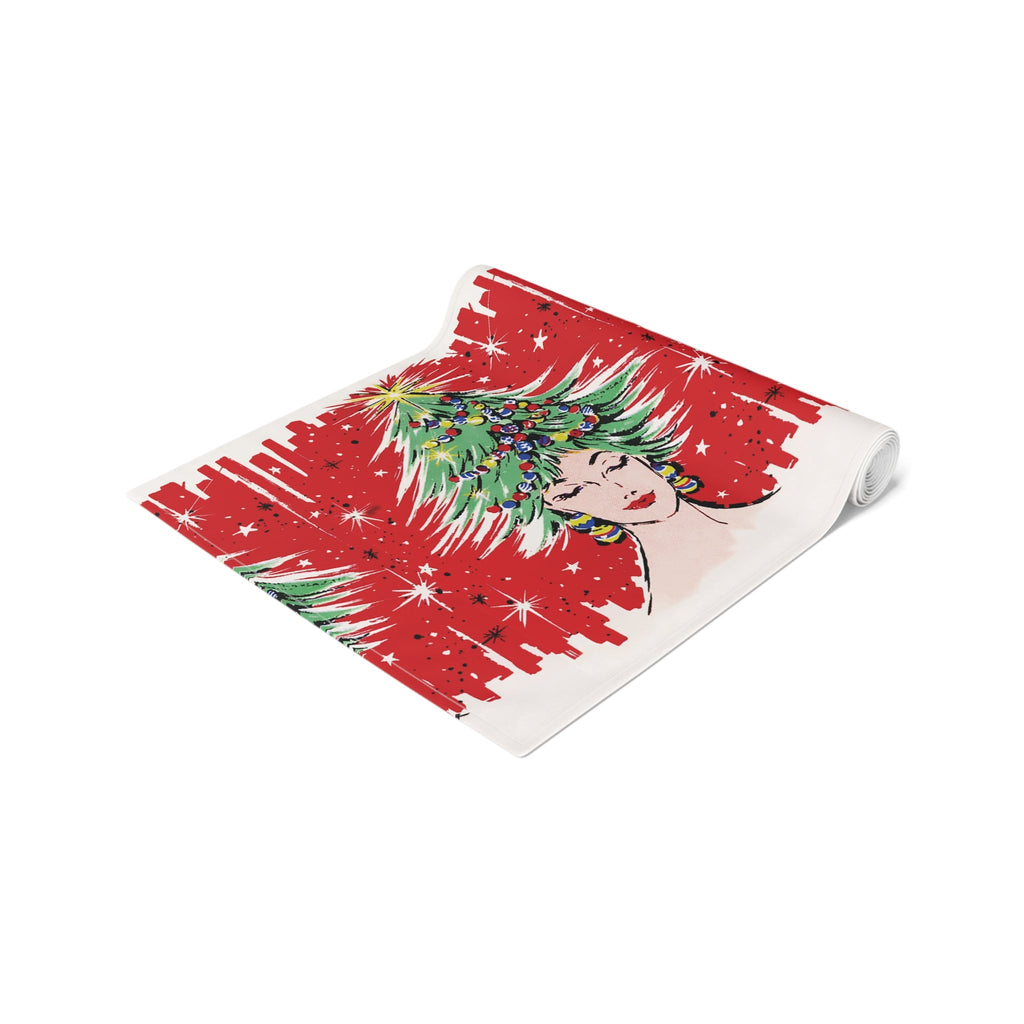 Christmas Tree Hat Lady 50s Mid Century Retro Christmas Print Home Decor Cotton Poly Table Runner