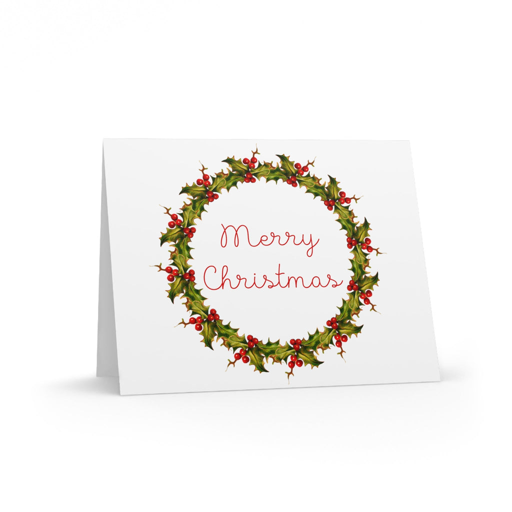Merry Christmas Wreath Retro Style Christmas Matte Greeting Cards (8, 16, and 24 pcs)