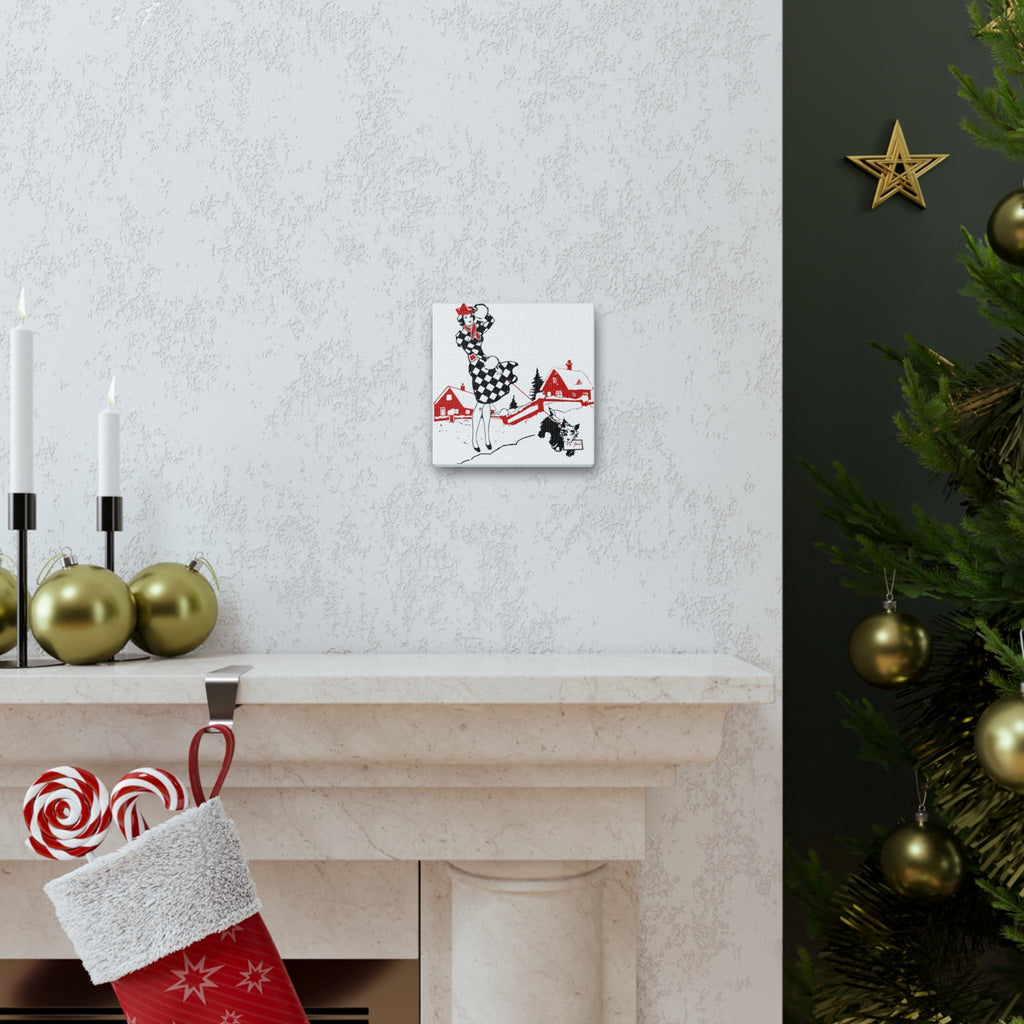 Christmas Lady And Dog Canvas Gallery Wrap - Retro Style