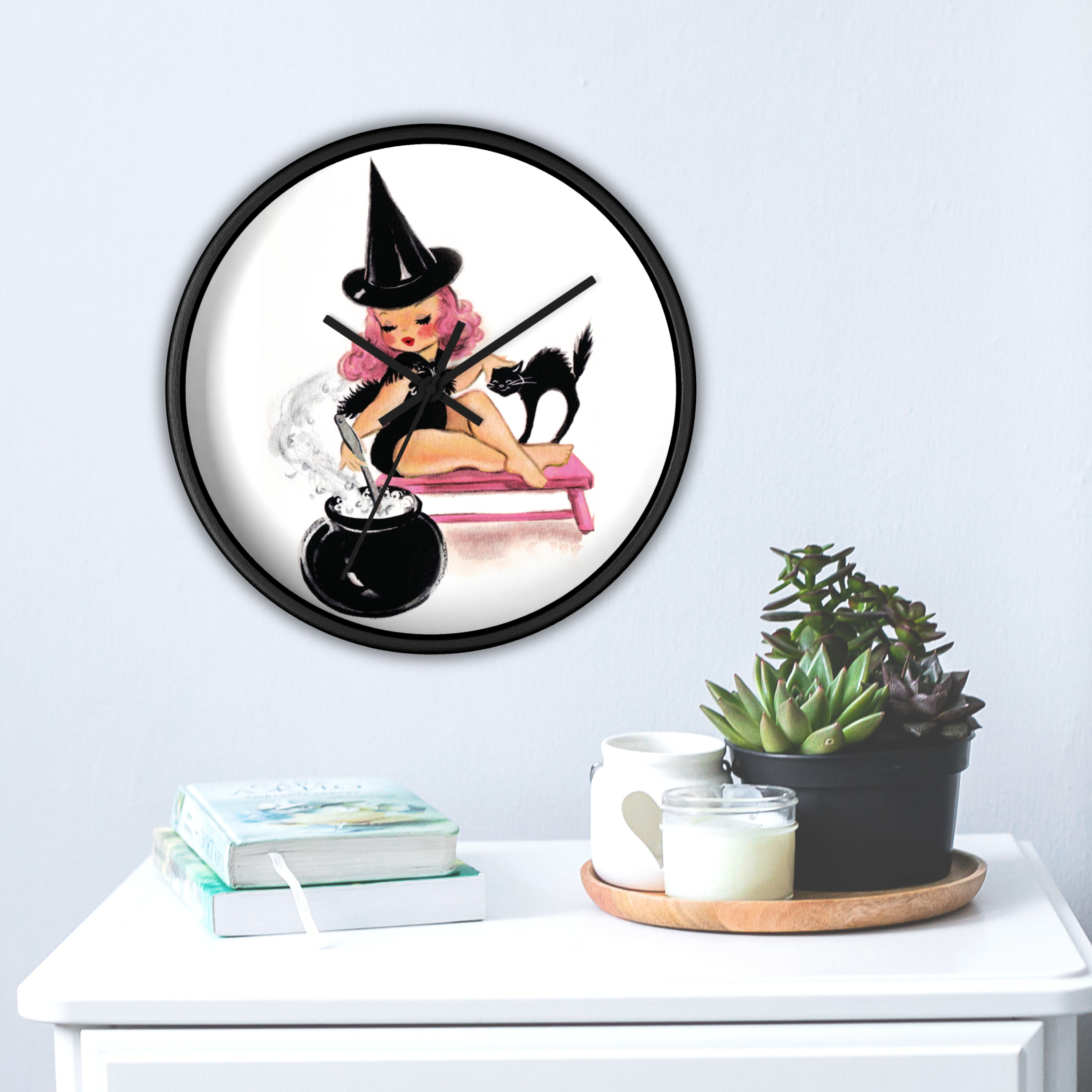 Pink Witch Black Cat Retro Halloween Fall Print Decor Wooden Wall Clock