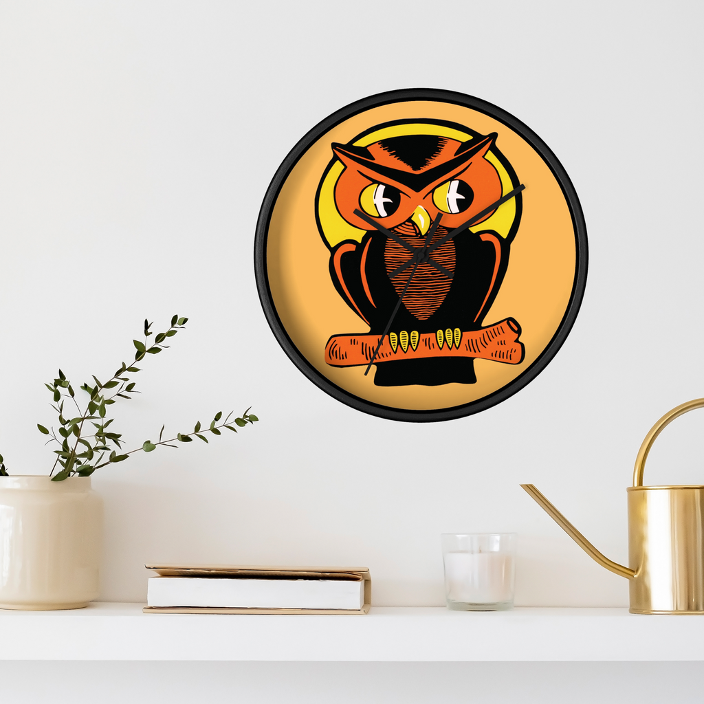 Orange Owl Yellow Moon Retro Halloween Fall Black Wooden Wall Clock