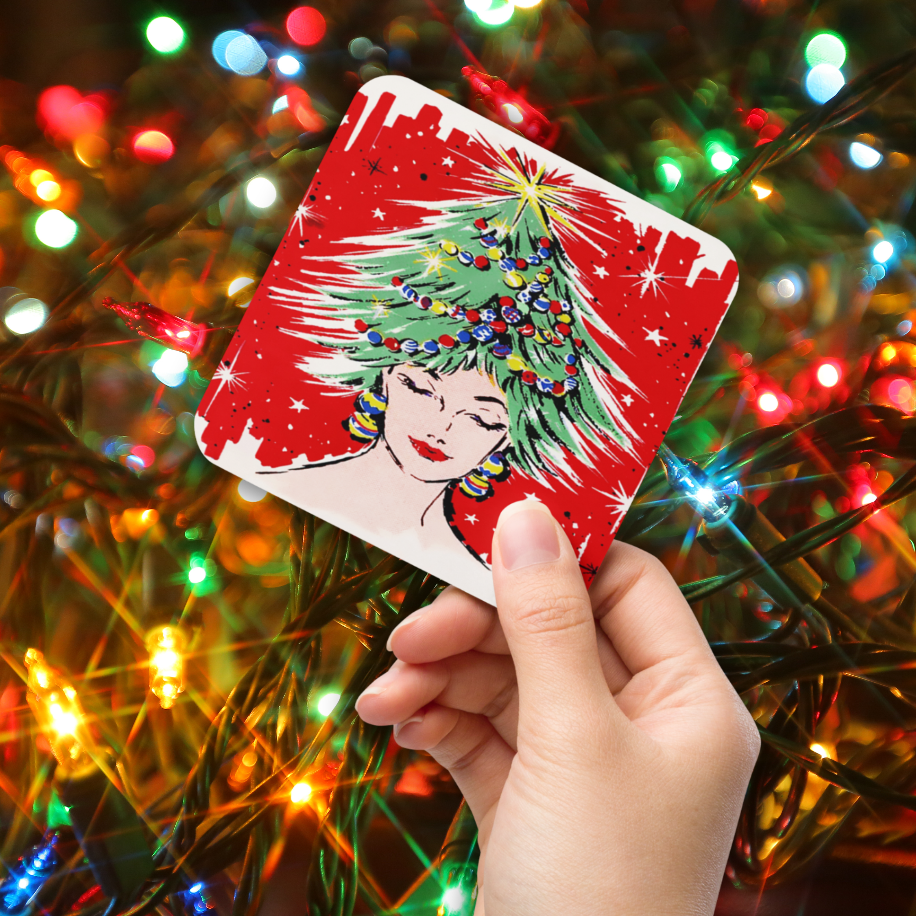 Christmas Tree Hat Lady Midcentury Retro Cork-back Coaster