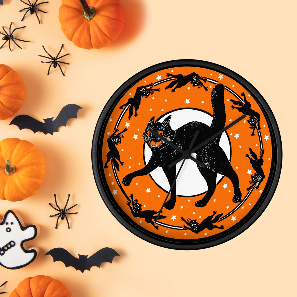Black Cats Full Moon Stars Retro Halloween Black Wooden Wall Clock
