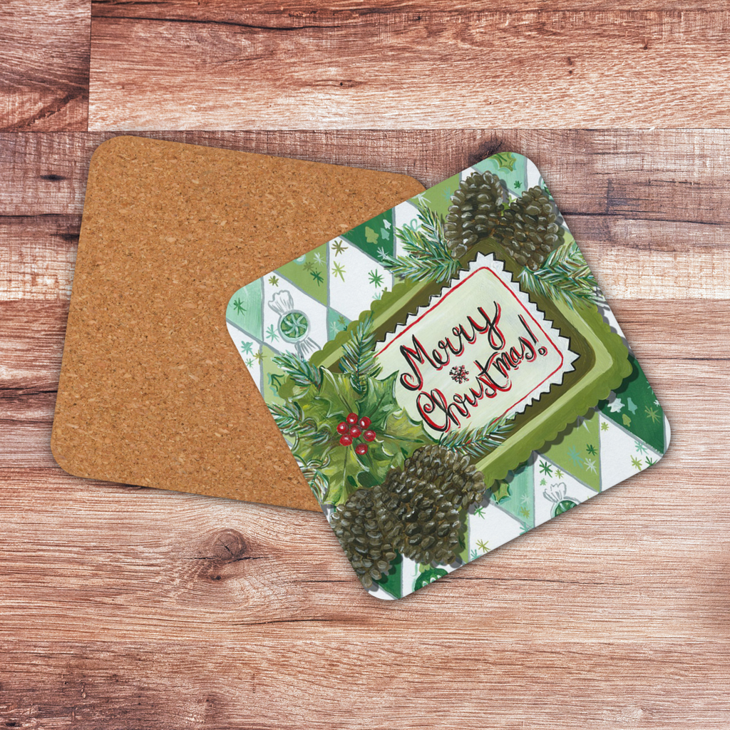Merry Christmas Pinecones Retro Cork-back Coaster
