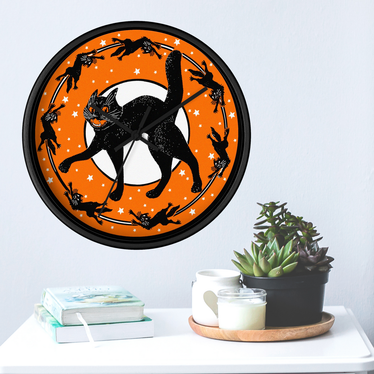 Black Cats Full Moon Stars Retro Halloween Black Wooden Wall Clock