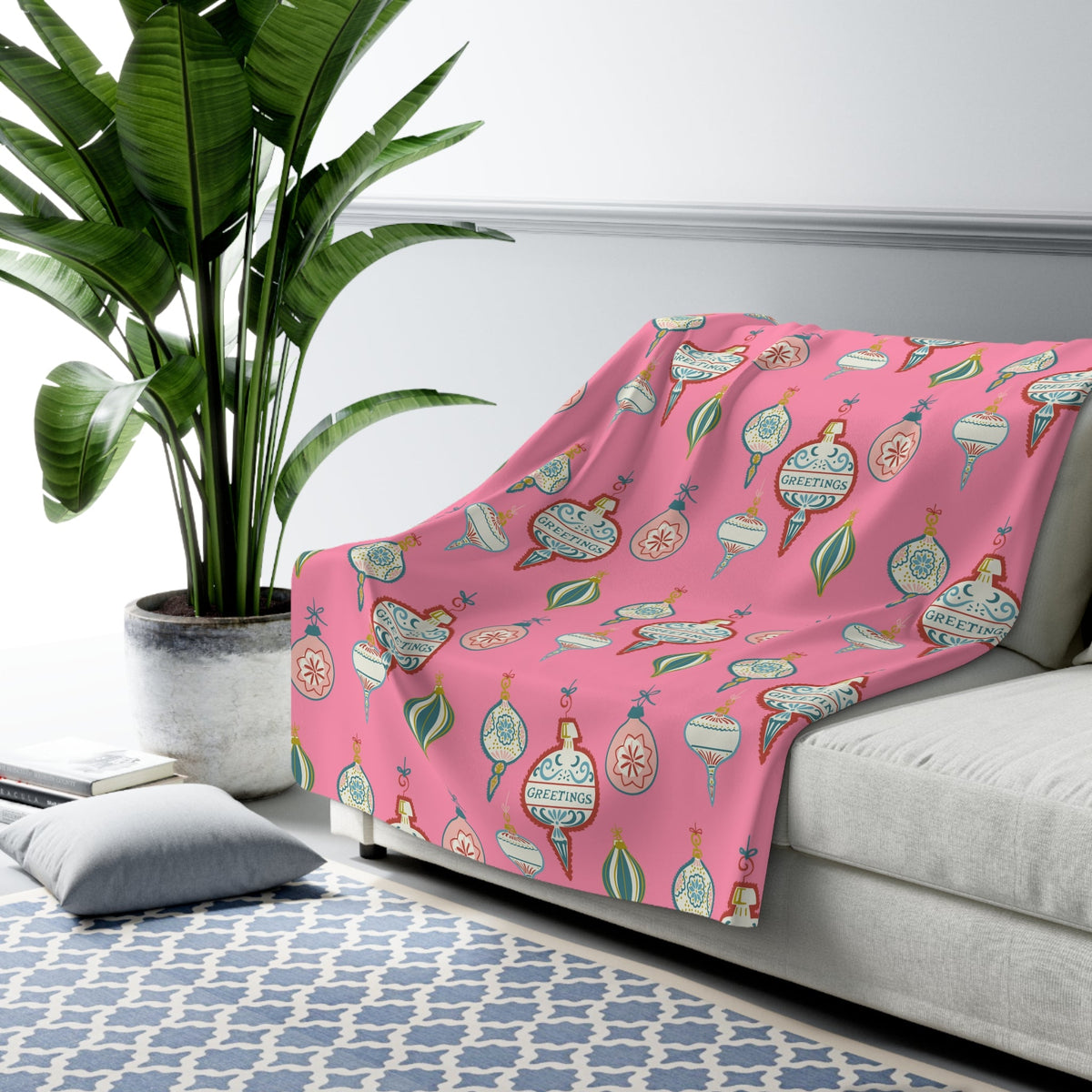Greetings Christmas Ornaments Retro Style Pink Christmas Print Sherpa Fleece Blanket