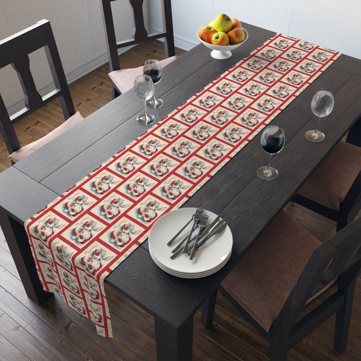 It's Christmas! Santa Calendar Mid Century Retro Christmas Print Home Decor Cotton Poly Table Runner