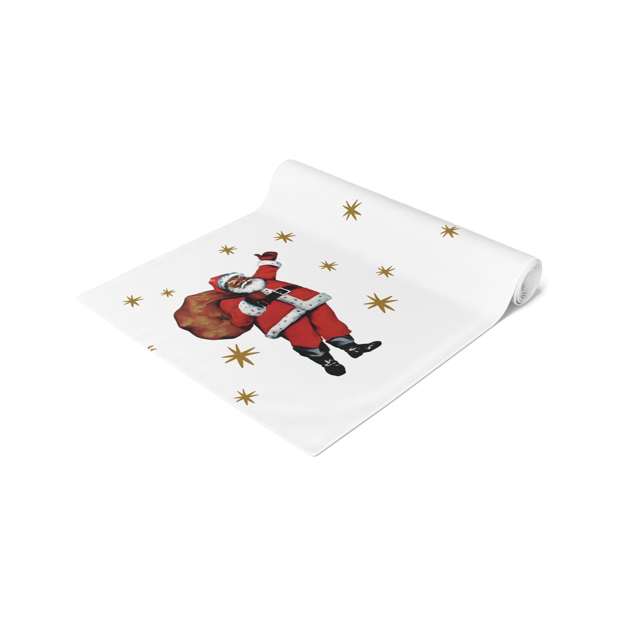 Midcentury Diverse Black Santa Gold Stars Vintage Polyester Table Runner