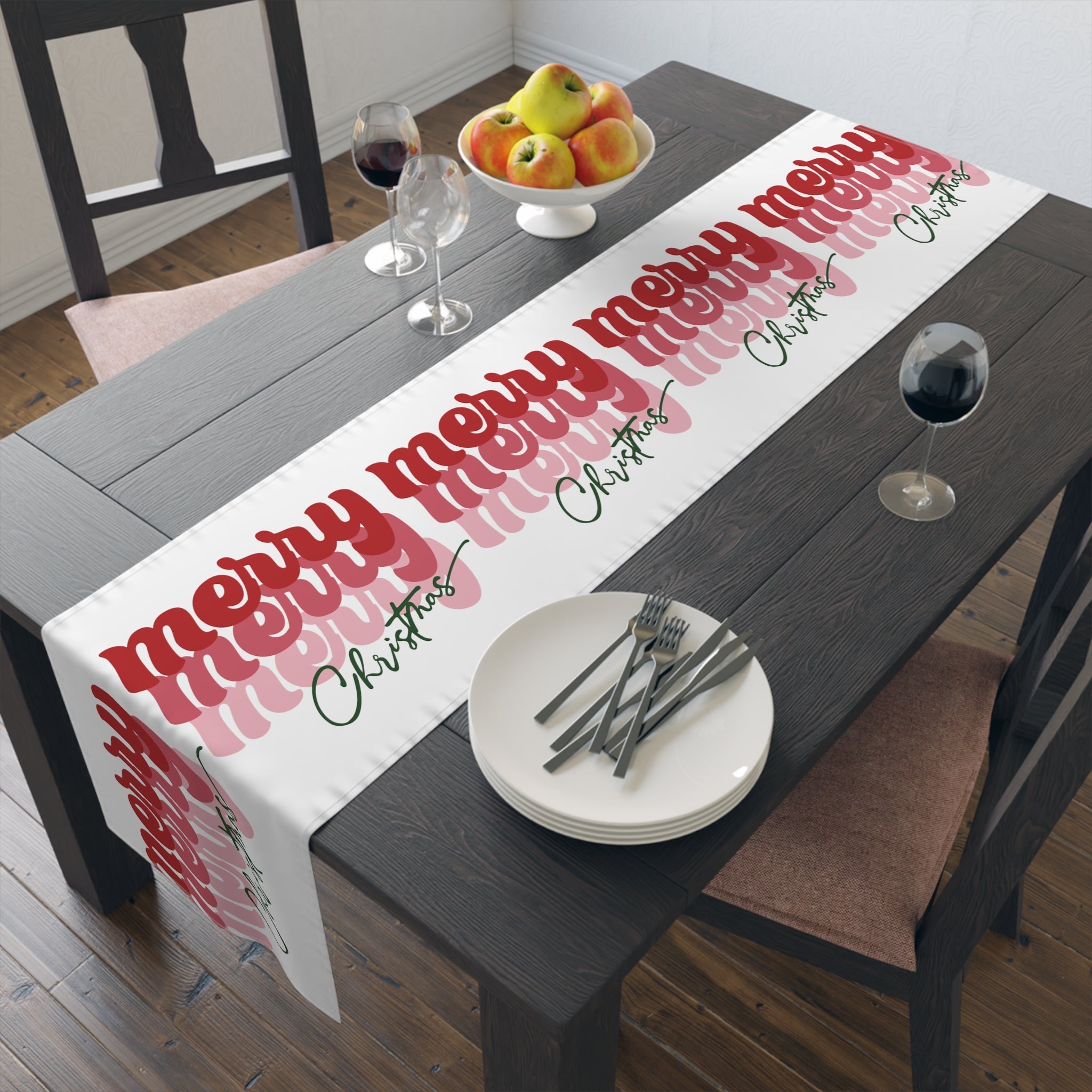 Merry Merry Merry Christmas Retro Style Christmas Print Home Decor Cotton Poly Table Runner