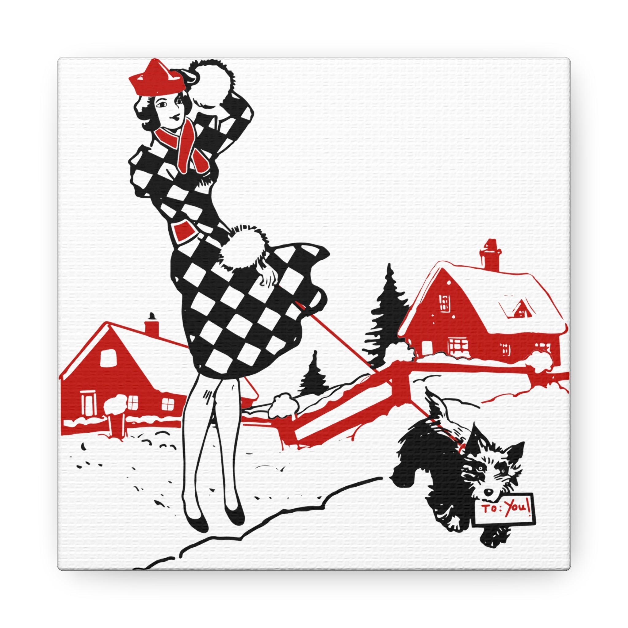 Christmas Lady And Dog Canvas Gallery Wrap - Retro Style