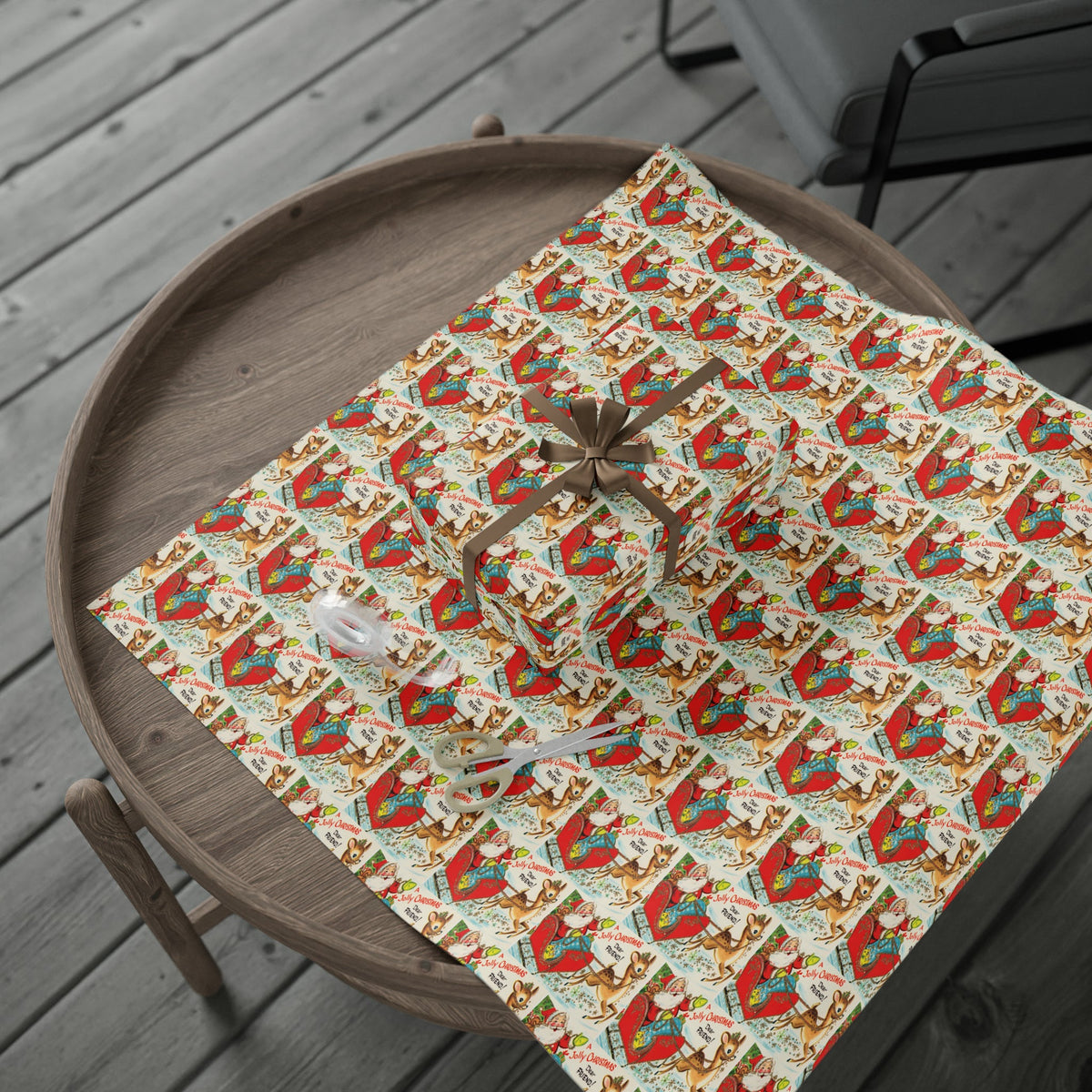A Jolly Christmas Dear Friend Santa In Sleigh With Reindeer Mid Century Retro Christmas Print Holiday Gift Wrap Paper - Glossy Or Matte