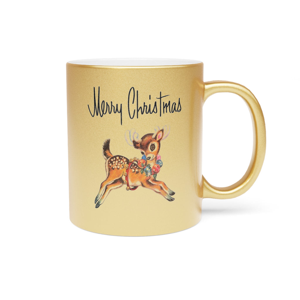 Merry Christmas Mid Century Retro Reindeer Print Gold Metallic Mug