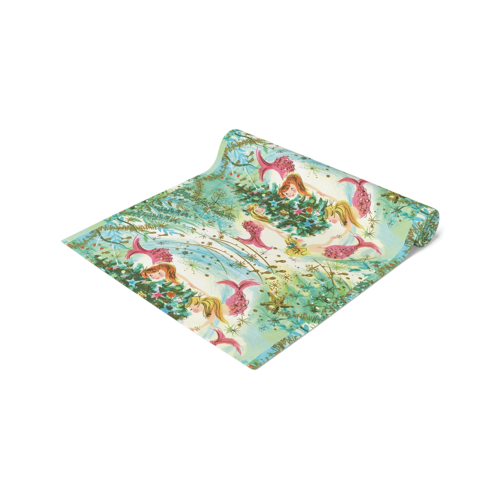 Mermaids Under The Sea Around The Christmas Tree Retro Polyester Table Runner
