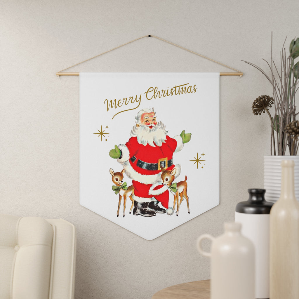 Merry Christmas Santa Reindeer Gold Stars Retro Mid Century Christmas Print Wall Hanging Banner Flag