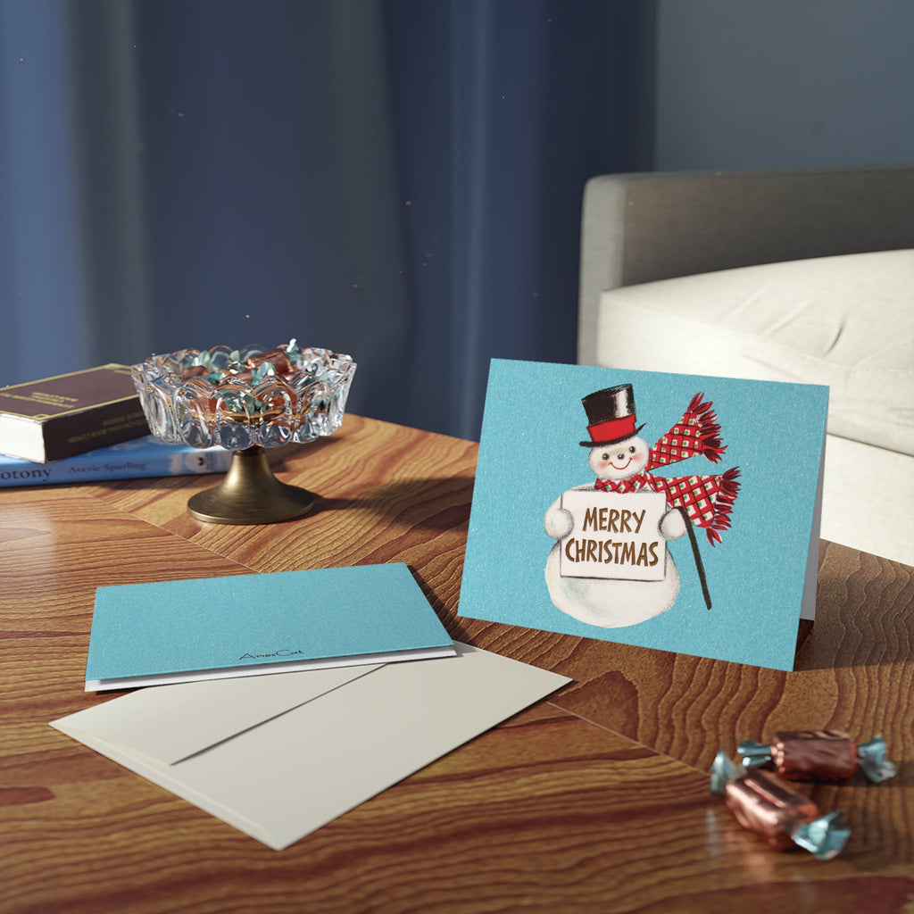 Merry Christmas Snowman Mid Century Retro Christmas Print Blue Matte Greeting Cards (8, 16, and 24 pcs)