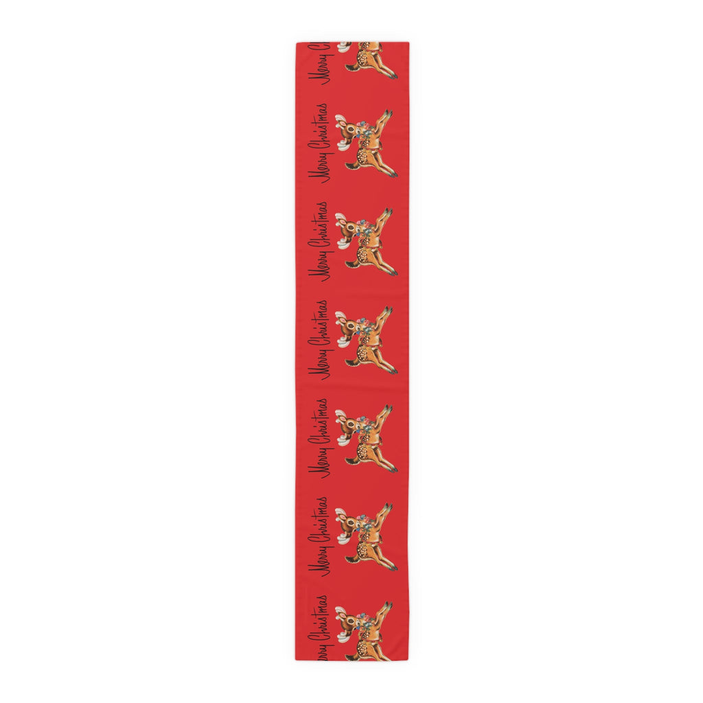 Merry Christmas Reindeer Mid Century Red Retro Christmas Print Home Decor Cotton Poly Table Runner