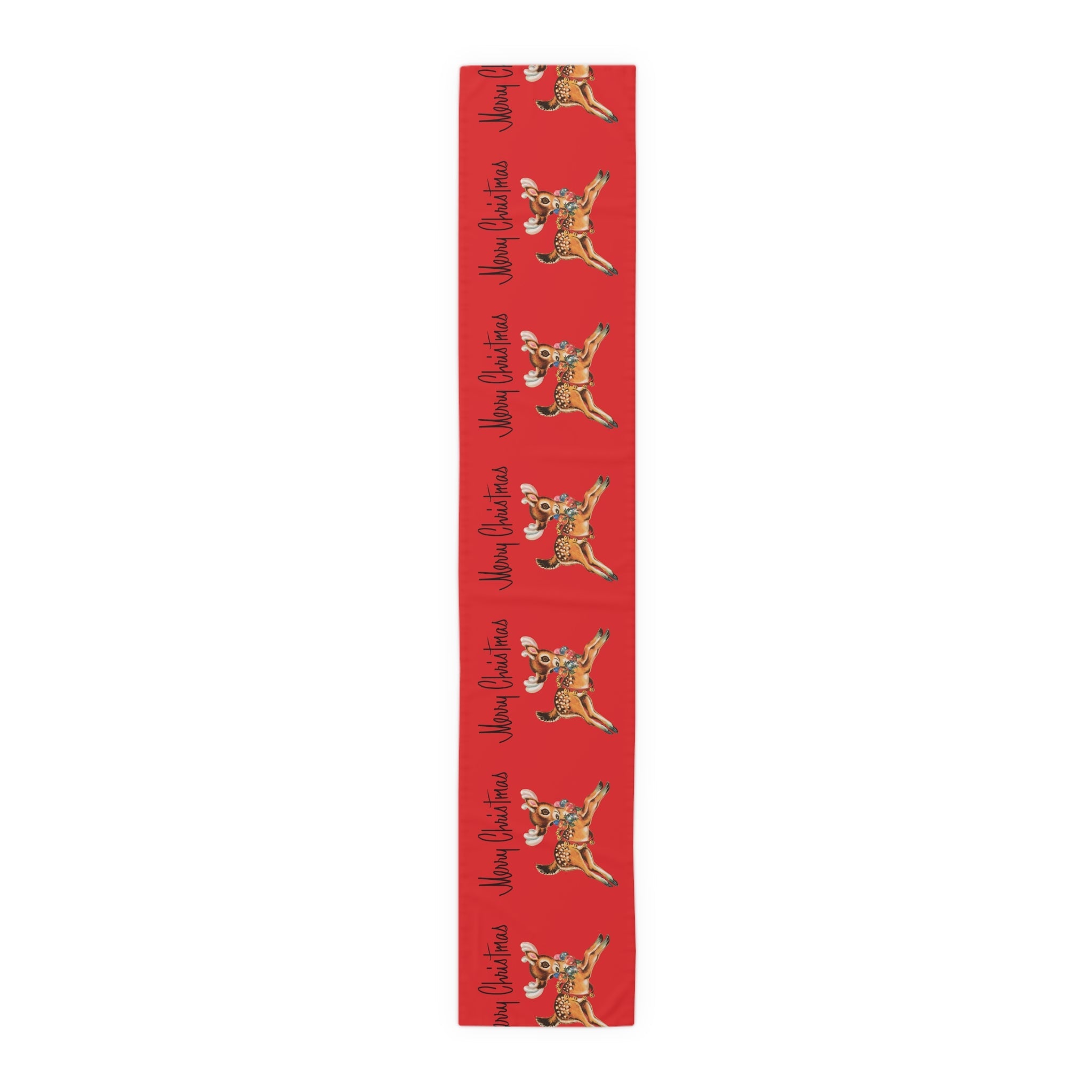 Merry Christmas Reindeer Mid Century Red Retro Christmas Print Home Decor Cotton Poly Table Runner