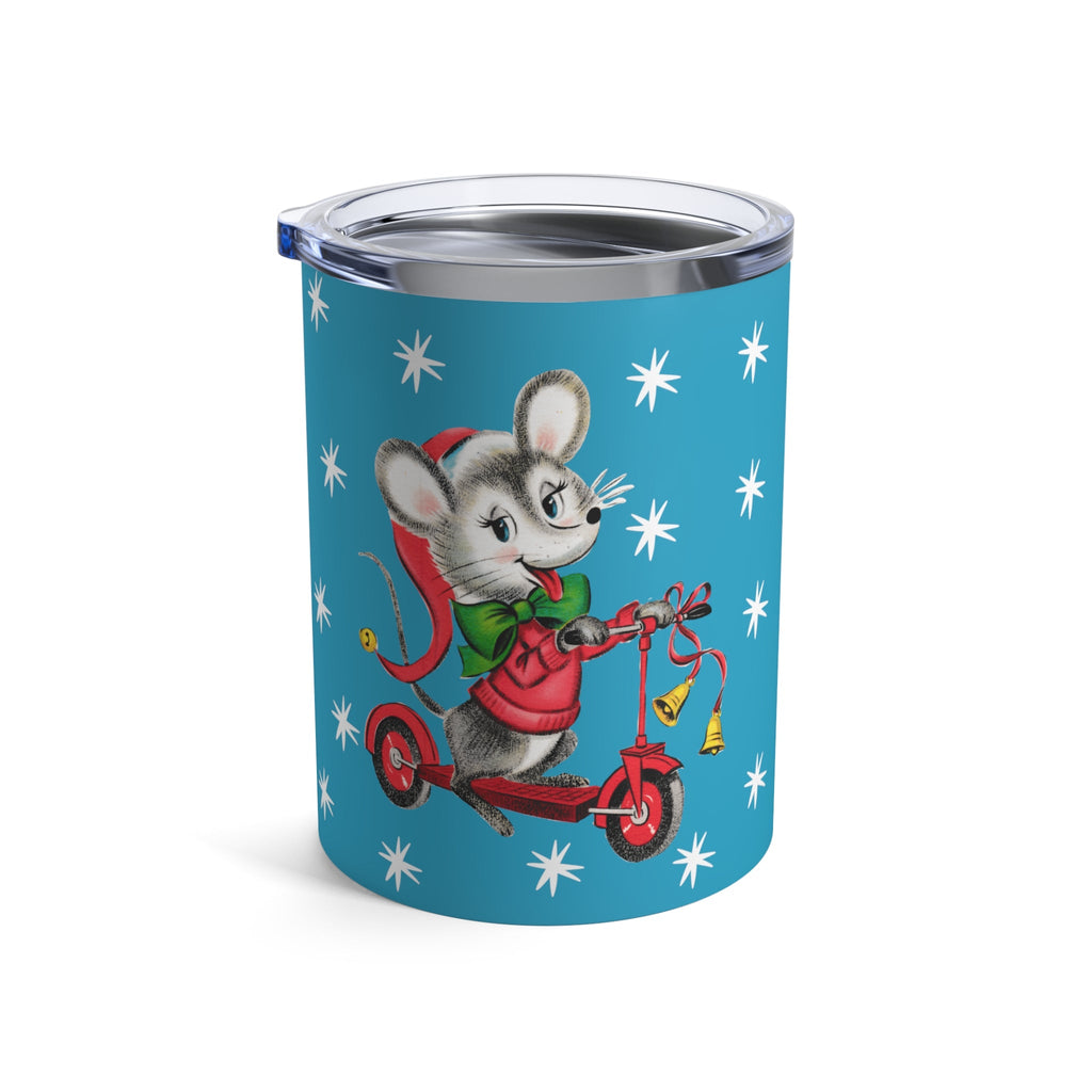 Christmas Mouse On Scooter Stars Blue Mid Century Retro Christmas Print Stainless Steel Tumbler 10oz
