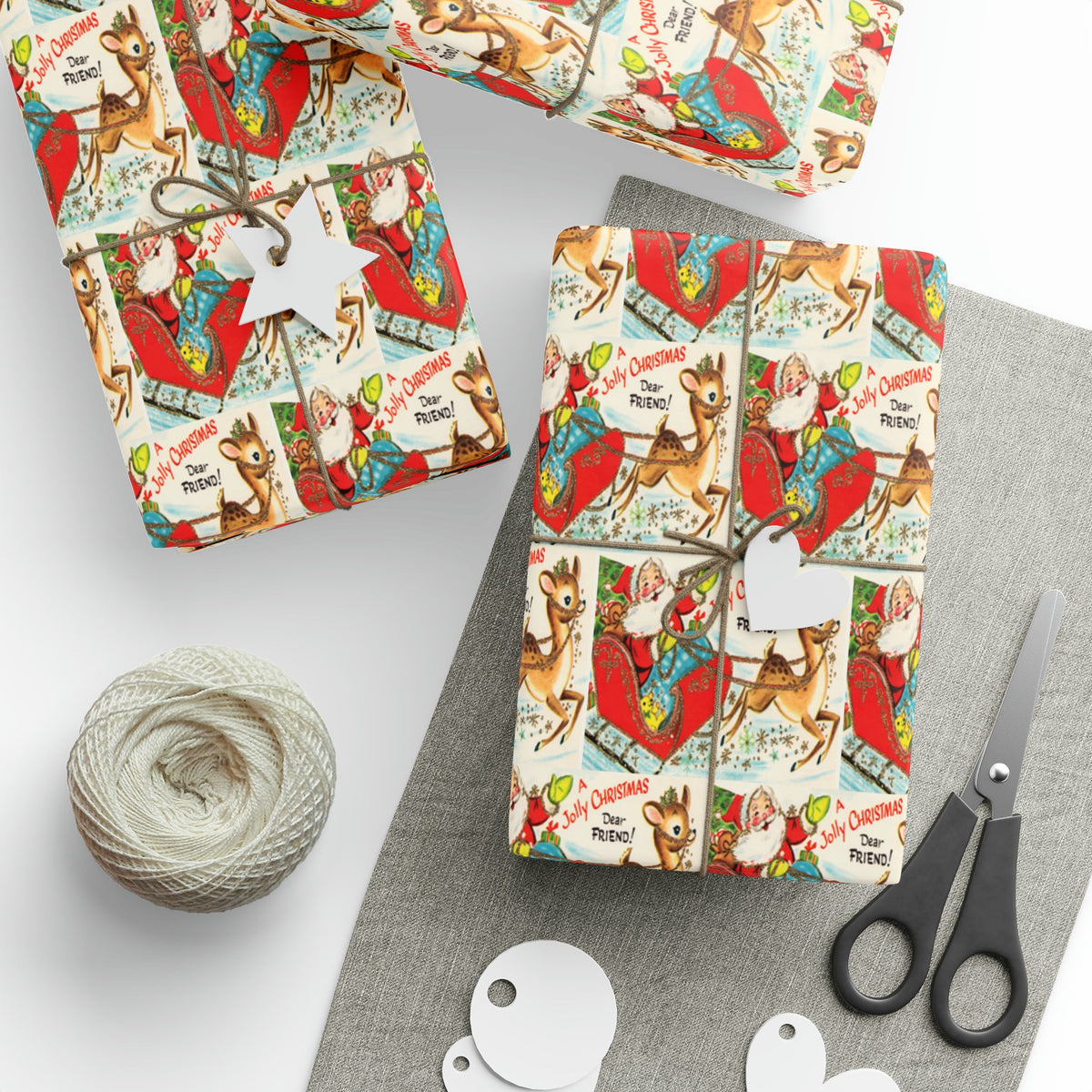 A Jolly Christmas Dear Friend Santa In Sleigh With Reindeer Mid Century Retro Christmas Print Holiday Gift Wrap Paper - Glossy Or Matte