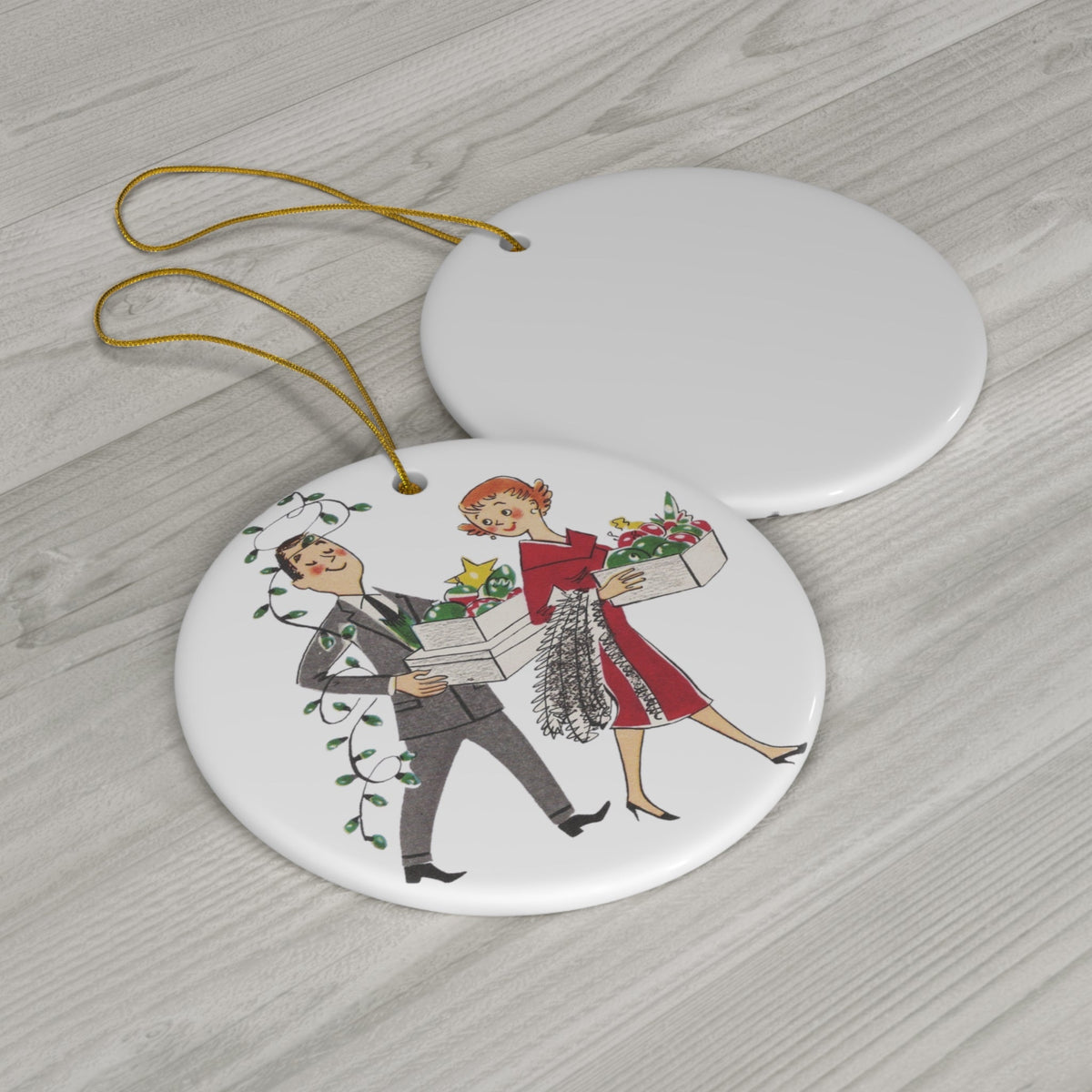 Christmas Couple With Decorations Mid Century Retro Christmas Print Ceramic Ornament