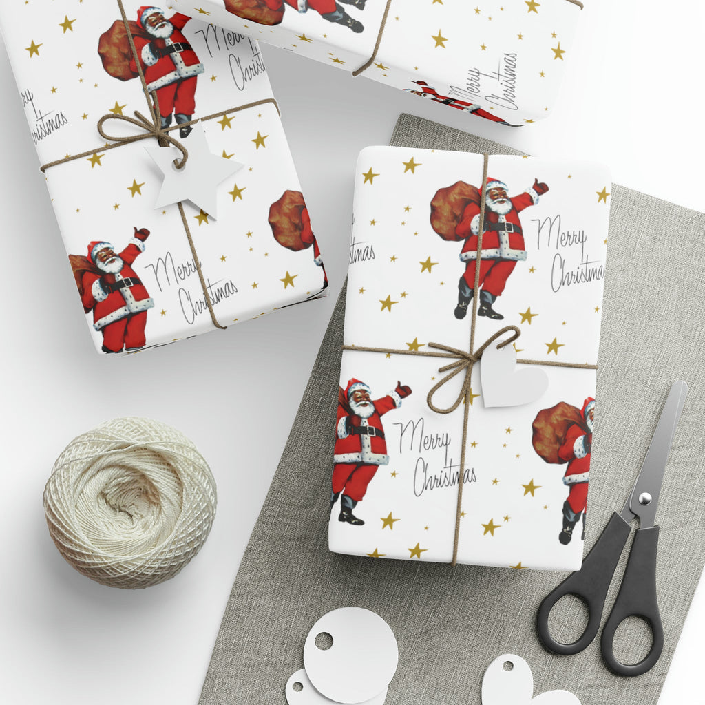 Merry Christmas Diverse Black Santa Gold Stars Retro Holiday Gift Wrap Paper - Glossy Or Matte