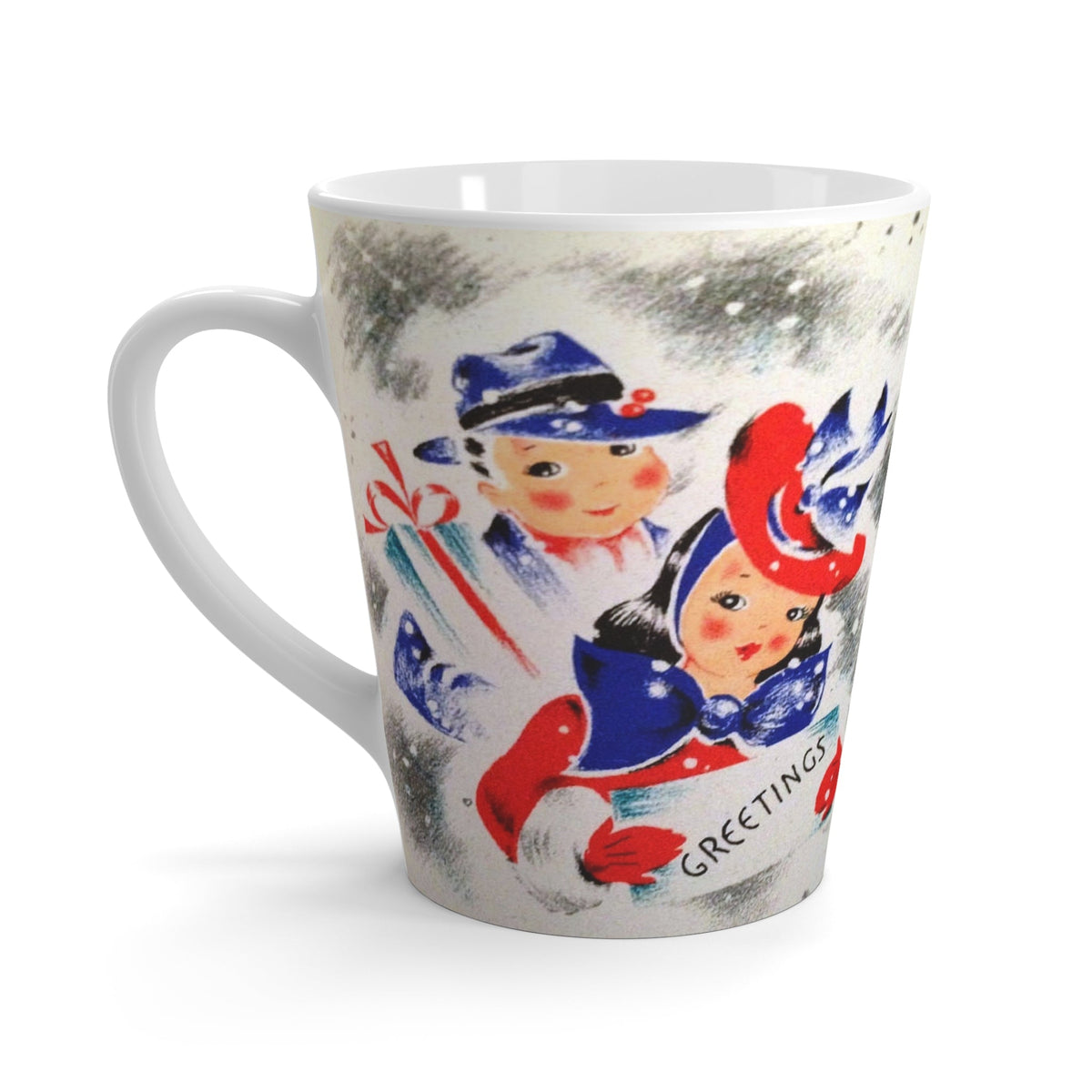 Greetings Christmas Couple With Presents Mid Century Retro Christmas Print Latte Coffee Mug