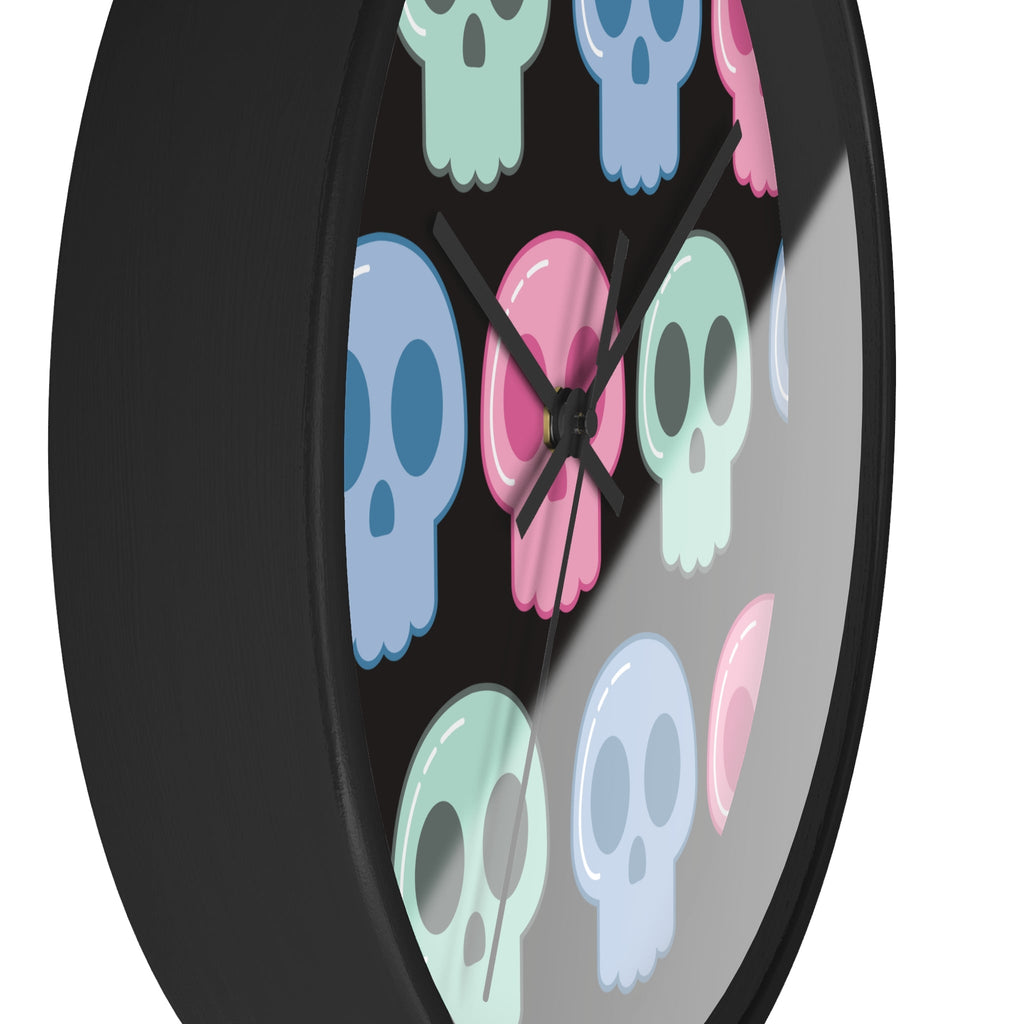 Cute Skulls Pastel Halloween Black Wall Clock