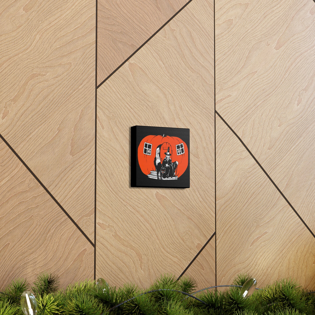 Pumpkin House Witch Black Cat Retro Halloween Decor Print Canvas Gallery Wrap