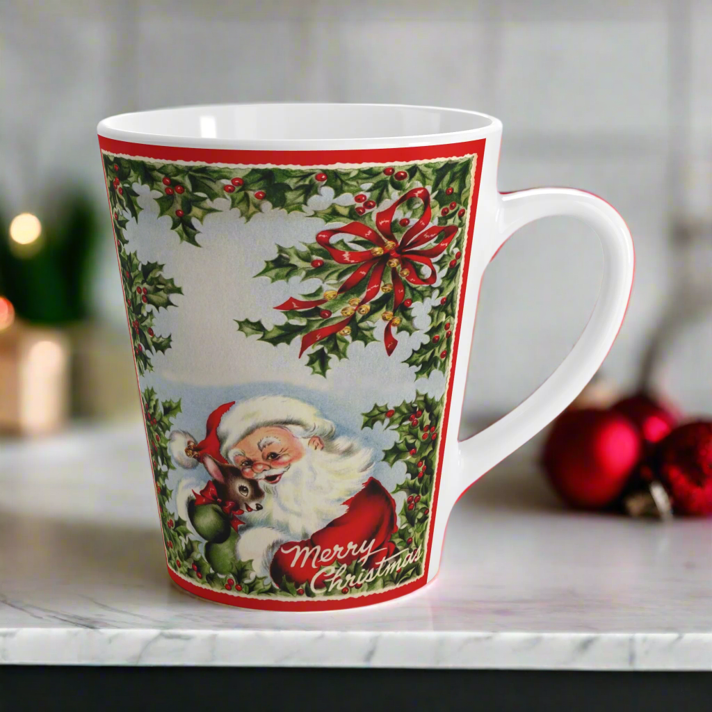 Merry Christmas Santa Hugging Baby Reindeer Retro Latte Coffee Mug