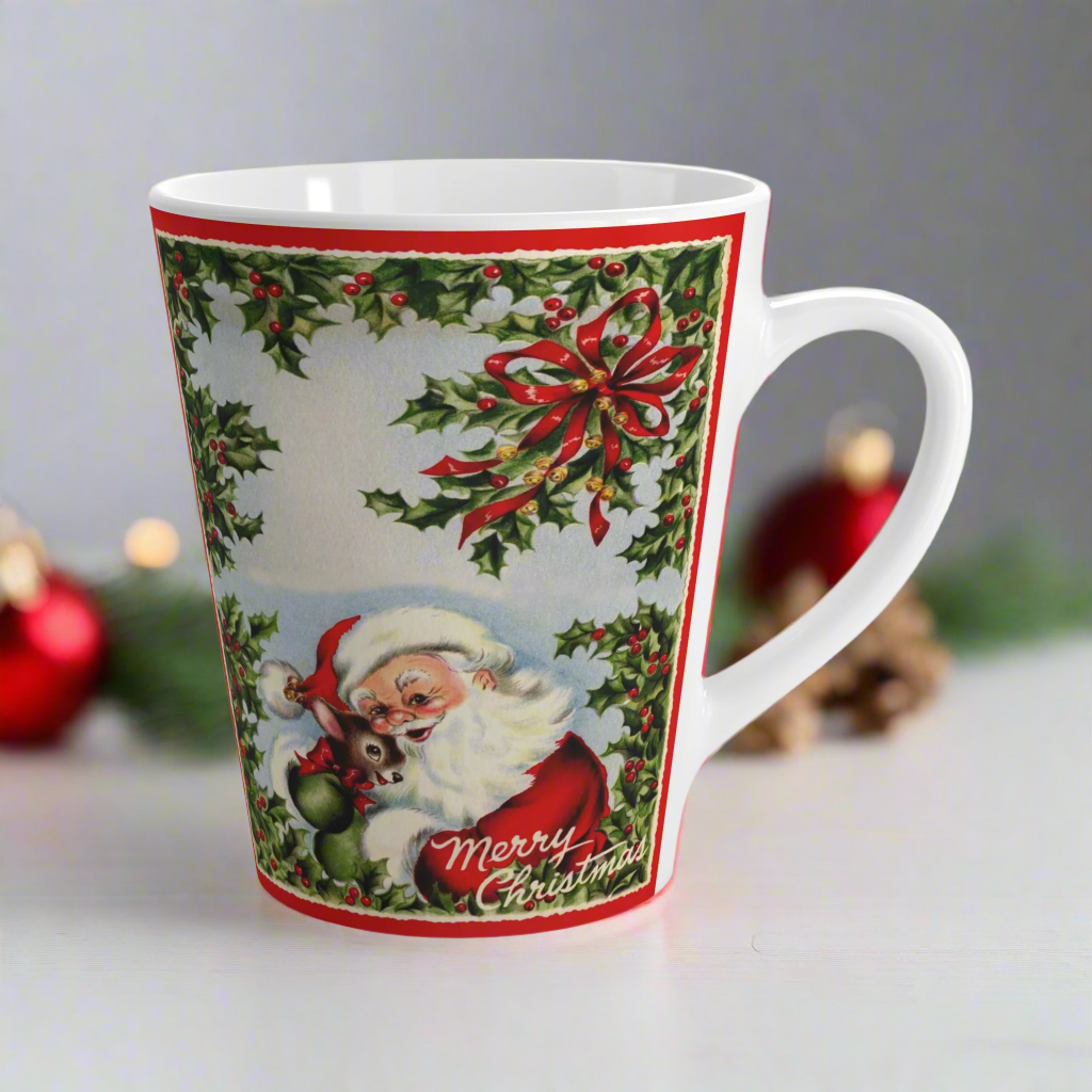 Merry Christmas Santa Hugging Baby Reindeer Retro Latte Coffee Mug